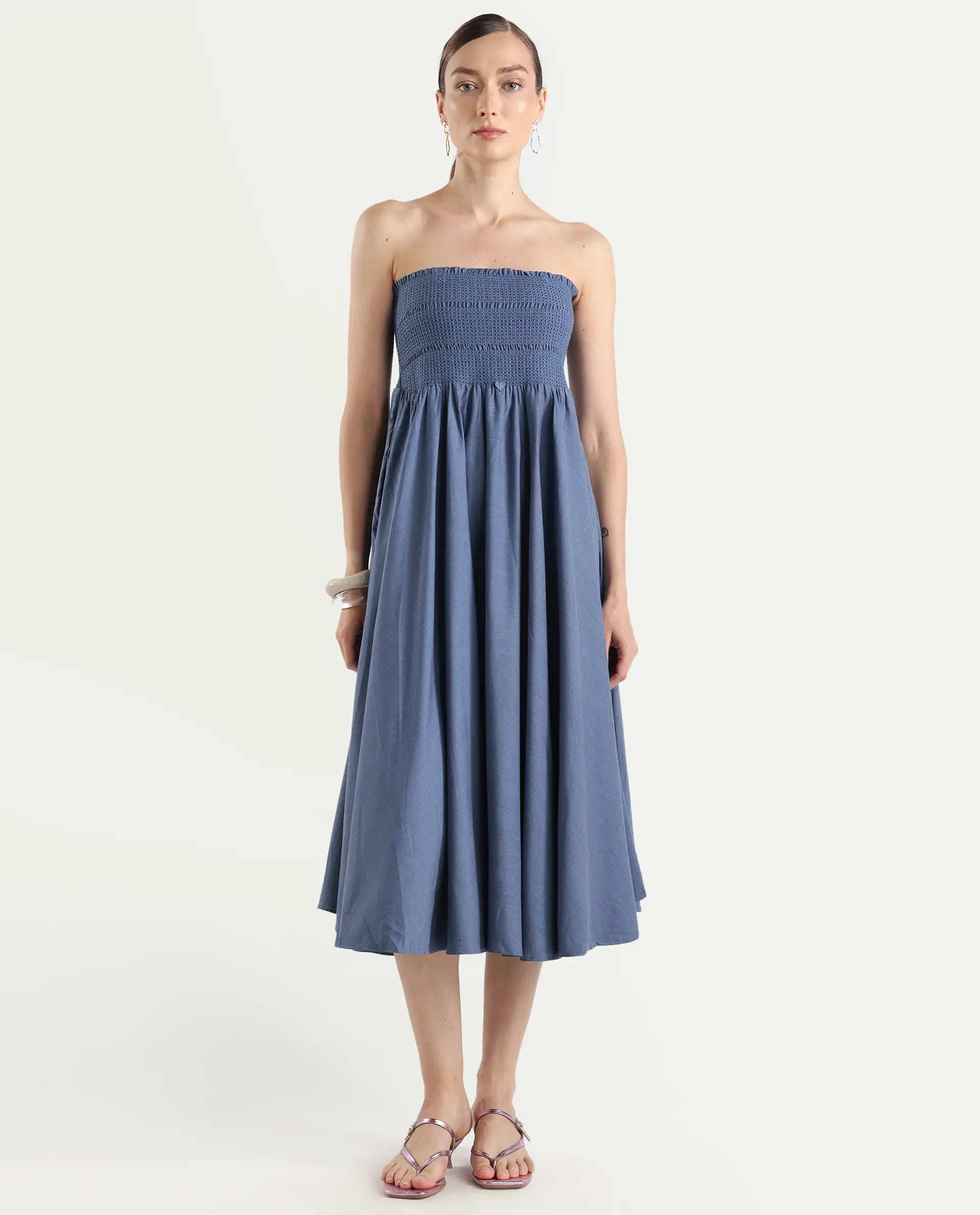 Rareism Women's Detreve Dark Blue Polyester Shoulder Strap Plain Sleeveless Midi Fit And Flare Dress