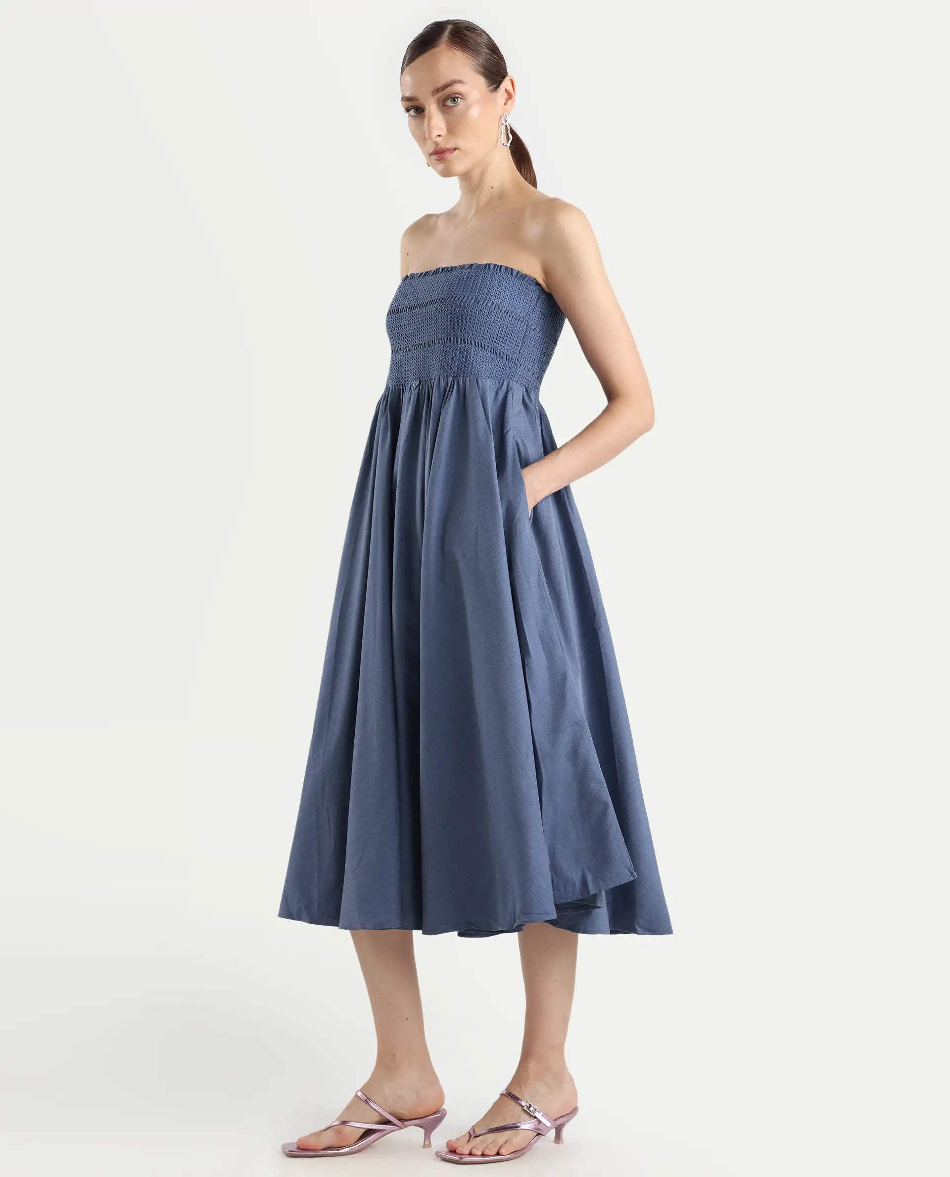 Rareism Women's Detreve Dark Blue Polyester Shoulder Strap Plain Sleeveless Midi Fit And Flare Dress