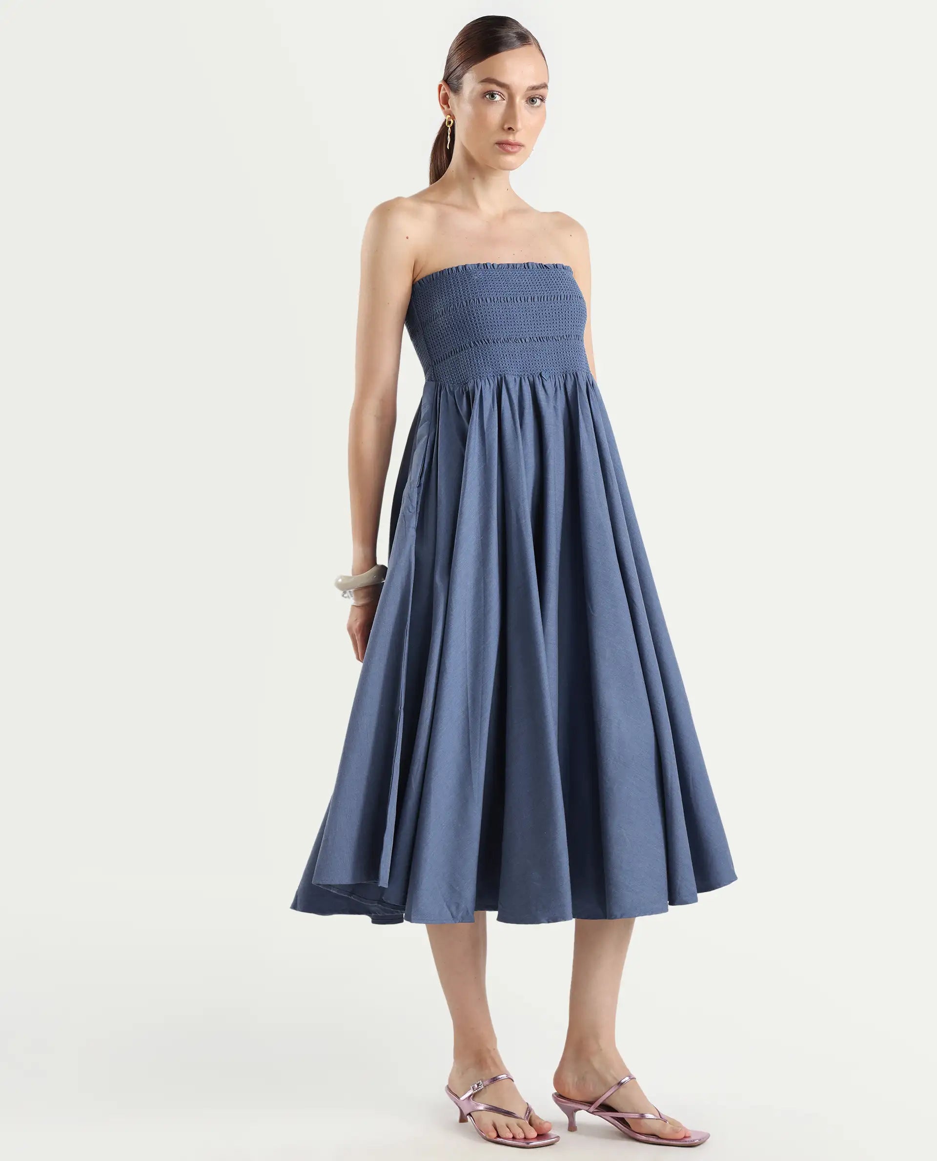 Rareism Women's Detreve Dark Blue Polyester Shoulder Strap Plain Sleeveless Midi Fit And Flare Dress