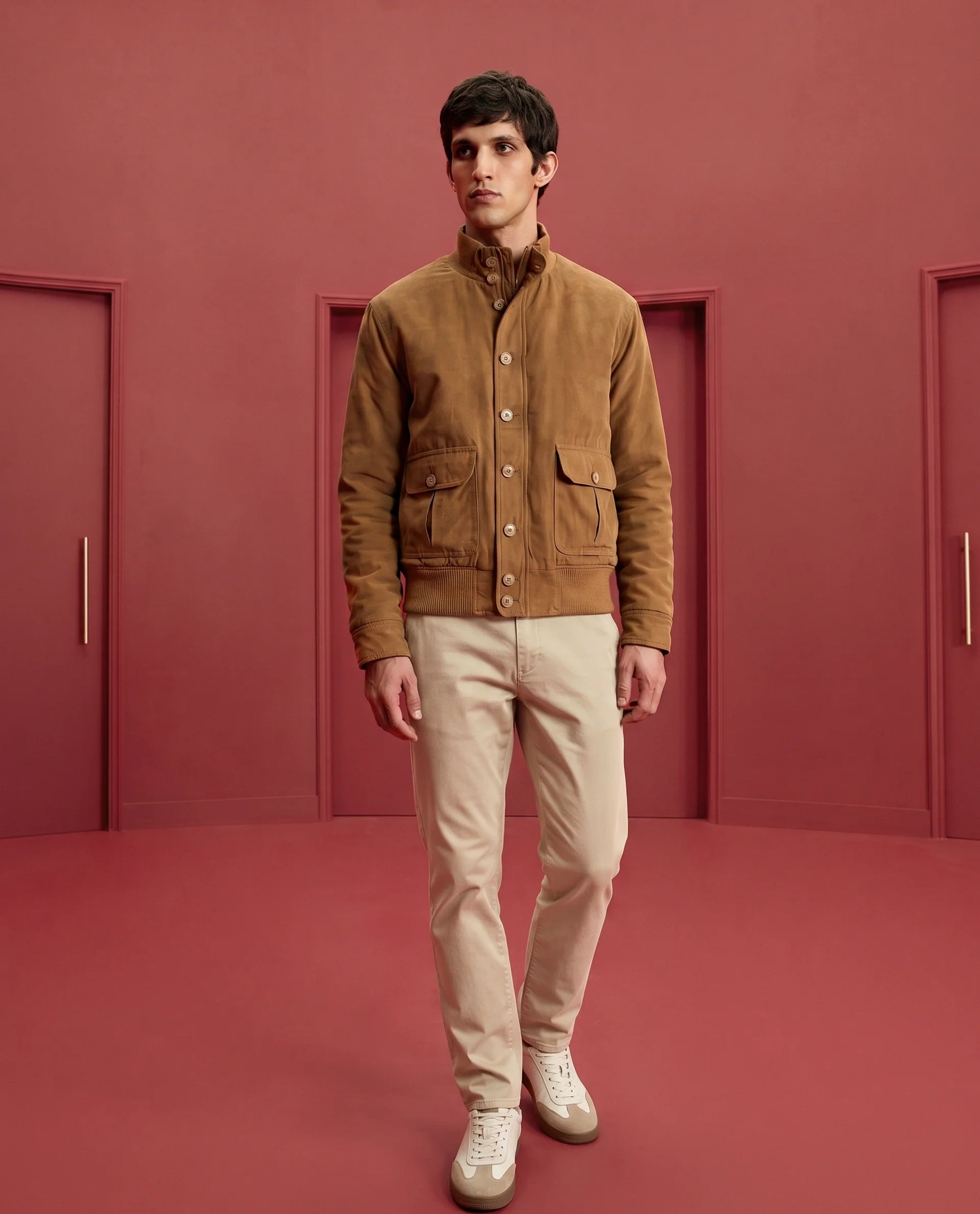 Rare Rabbit Men's Deue Brown Polyester Plain Regular Fit Full Sleeve Ribbed Collar Jacket