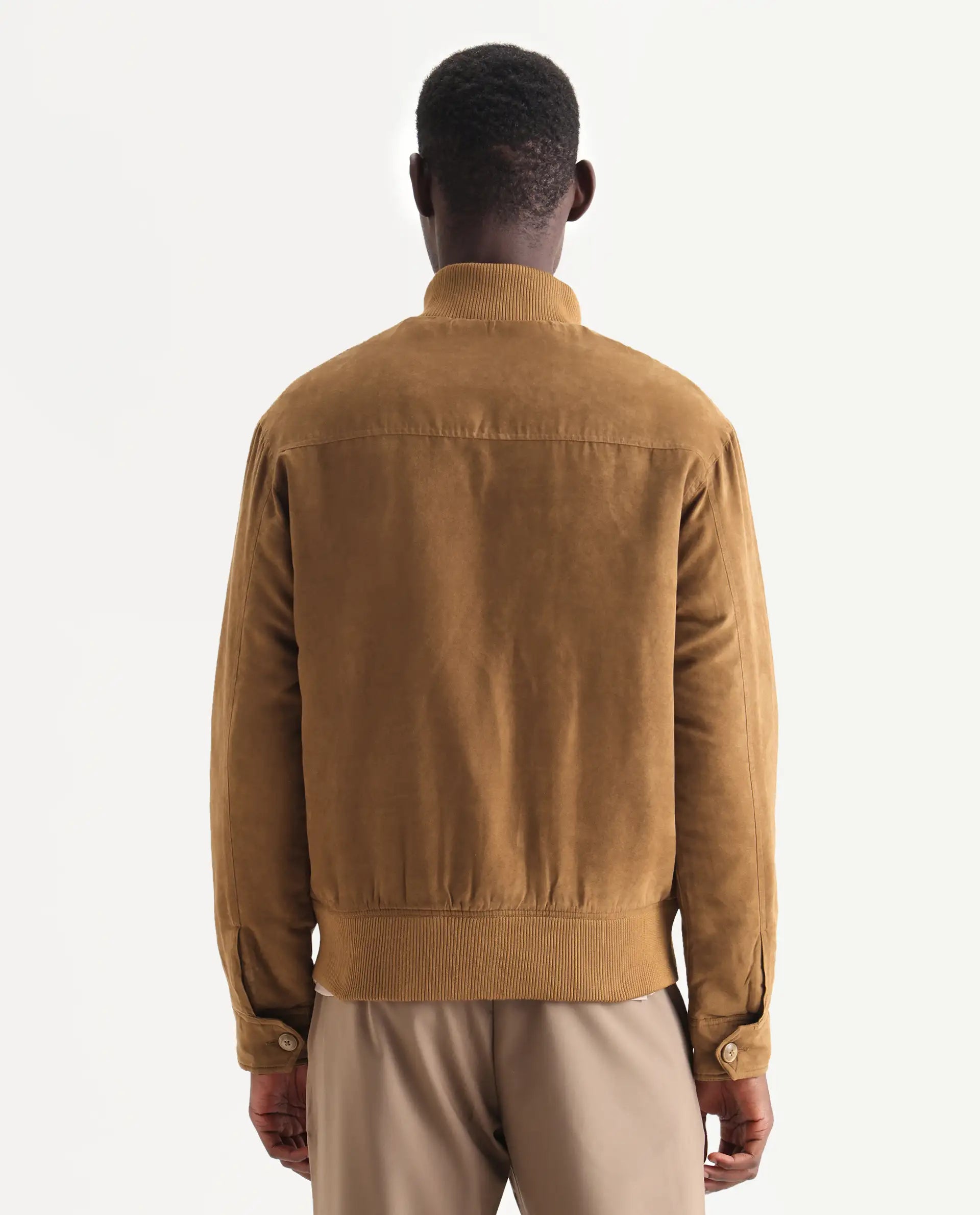 Rare Rabbit Men's Deue Brown Polyester Plain Regular Fit Full Sleeve Ribbed Collar Jacket