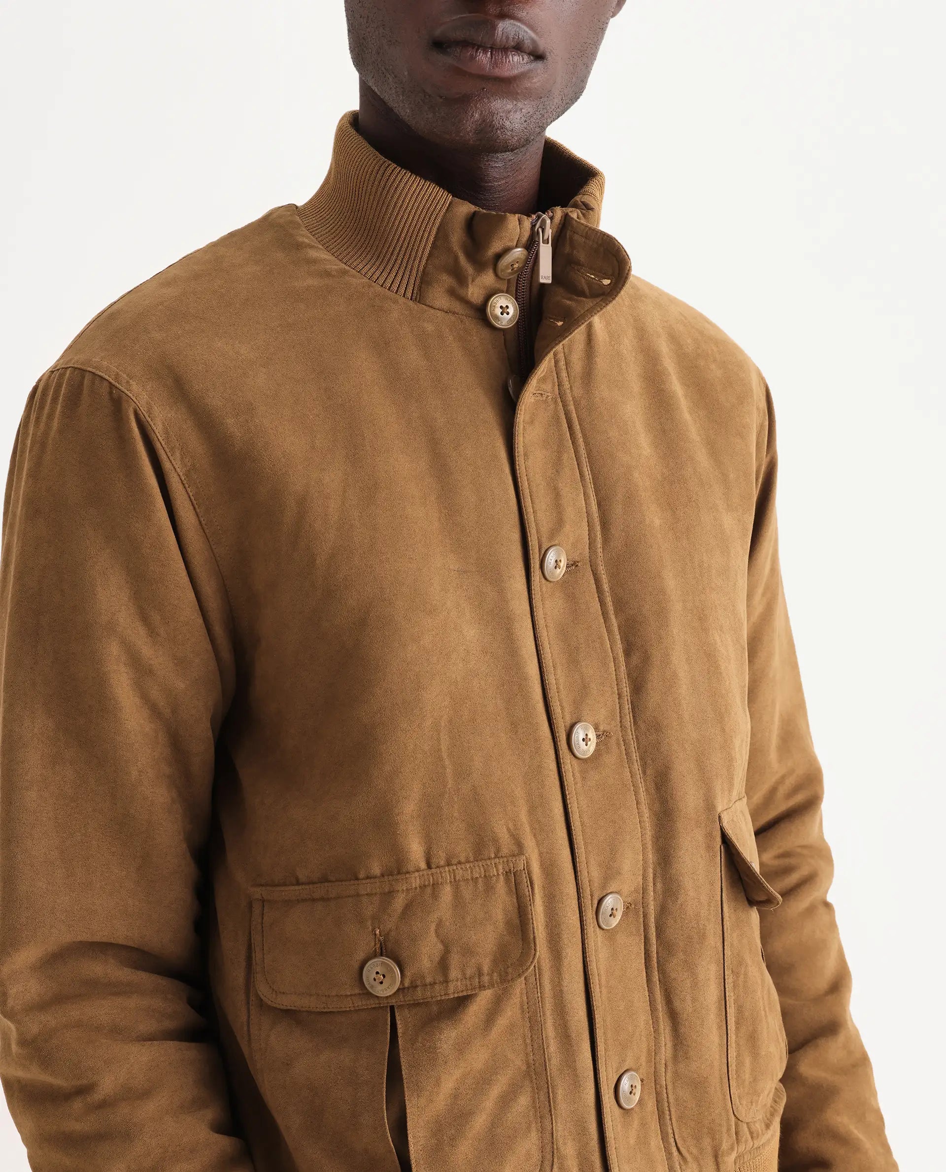 Rare Rabbit Men's Deue Brown Polyester Plain Regular Fit Full Sleeve Ribbed Collar Jacket