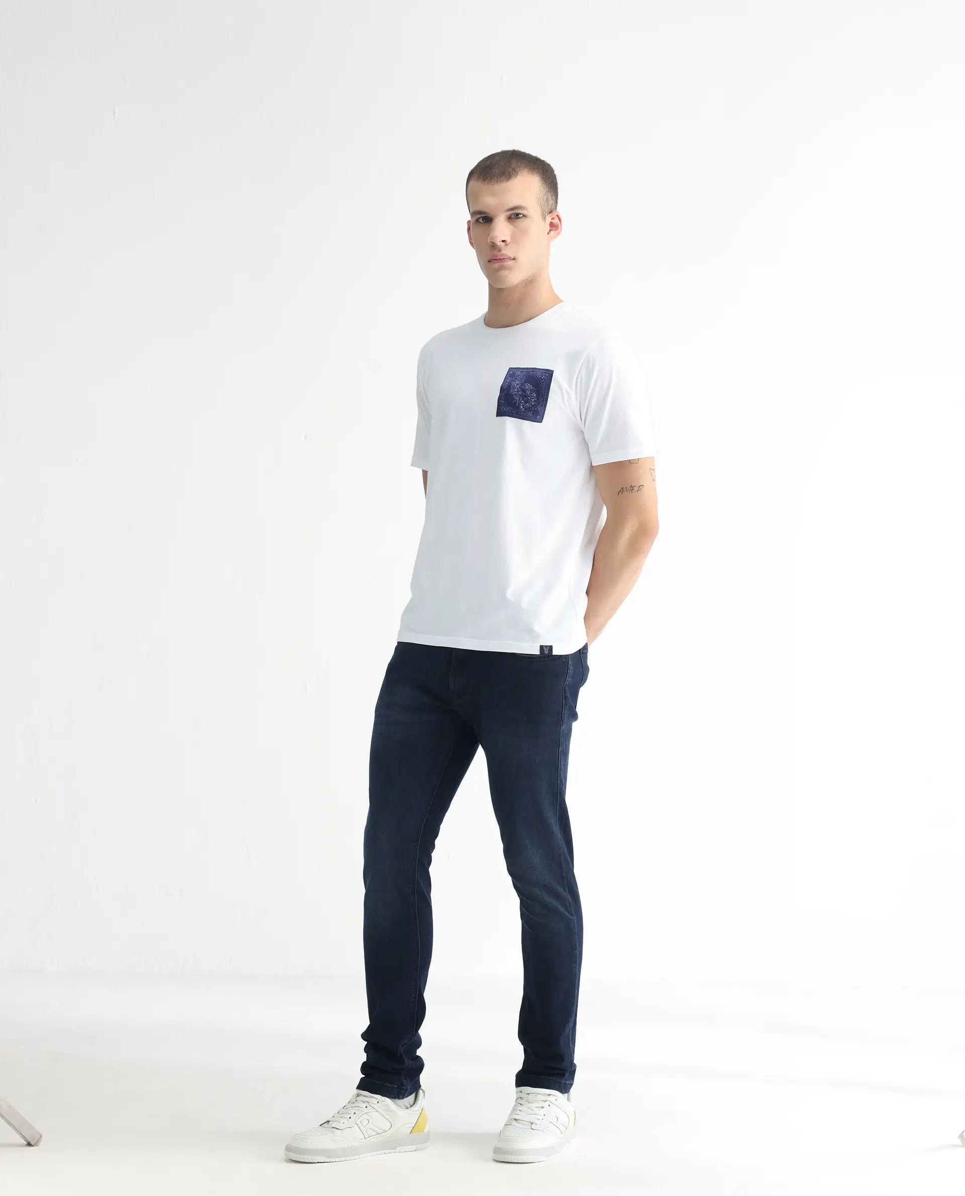 Rare Rabbit Men's Diep Flouroscent Blue Cotton Plain Hawk Slim Fit Jeans