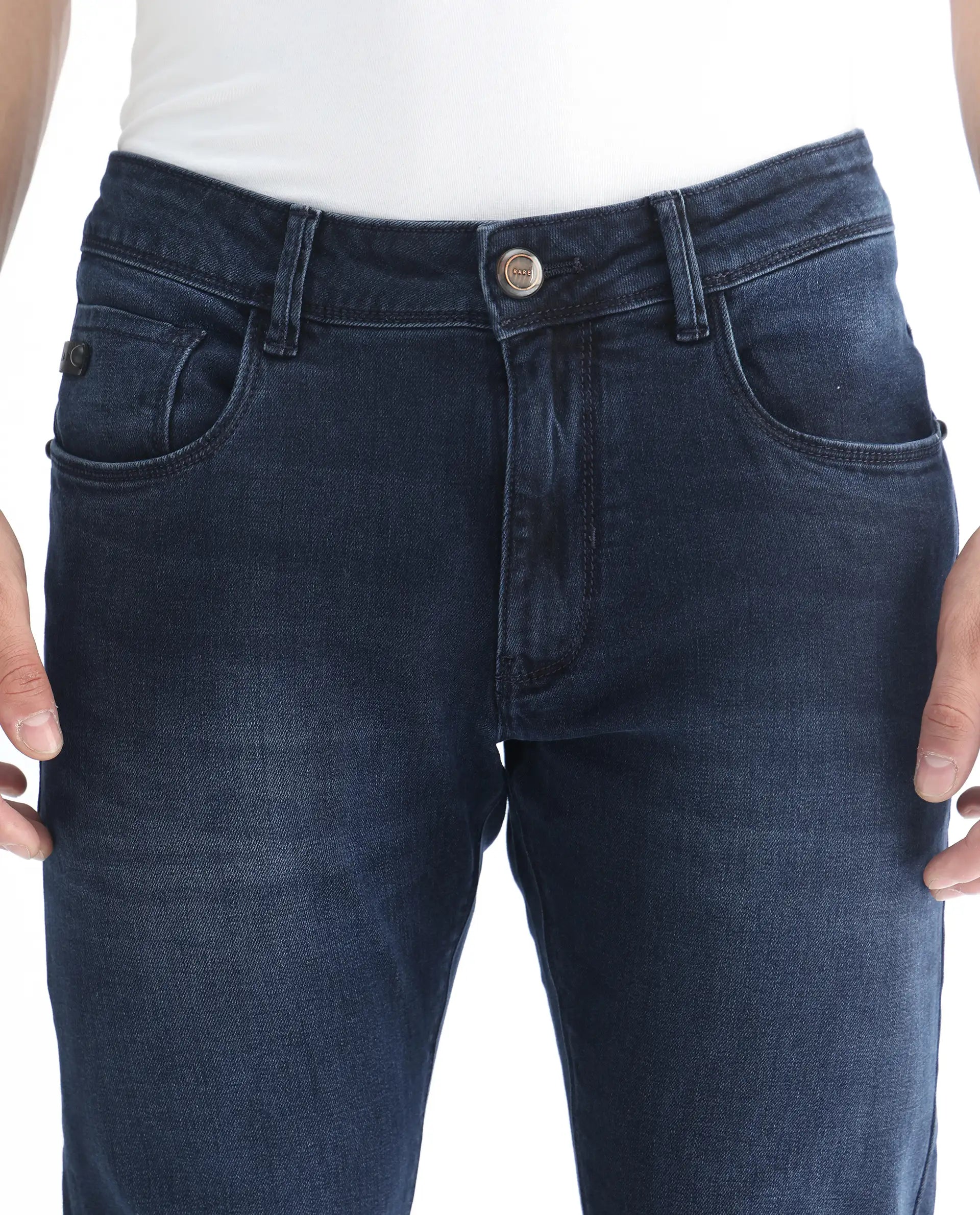 Rare Rabbit Men's Diep Flouroscent Blue Cotton Plain Hawk Slim Fit Jeans