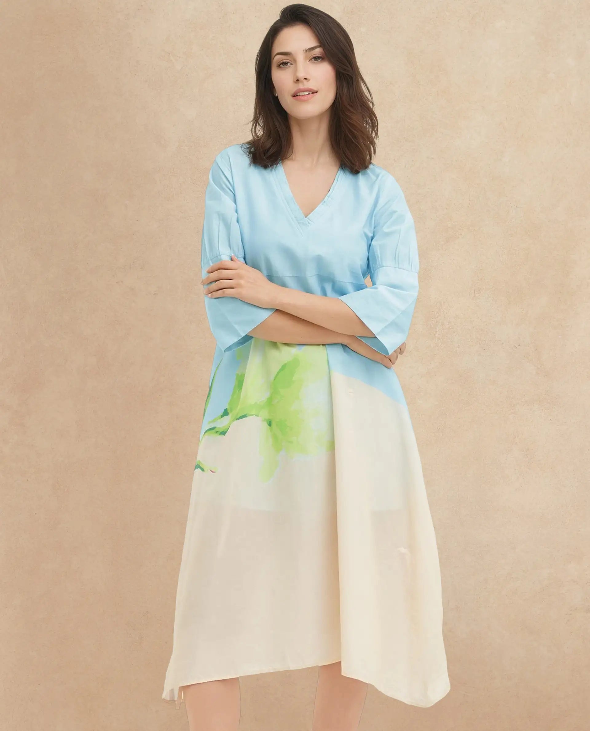 Rareism Women's Dinara Multi Cotton V-Neck Floral Print Midi A-Line Dress