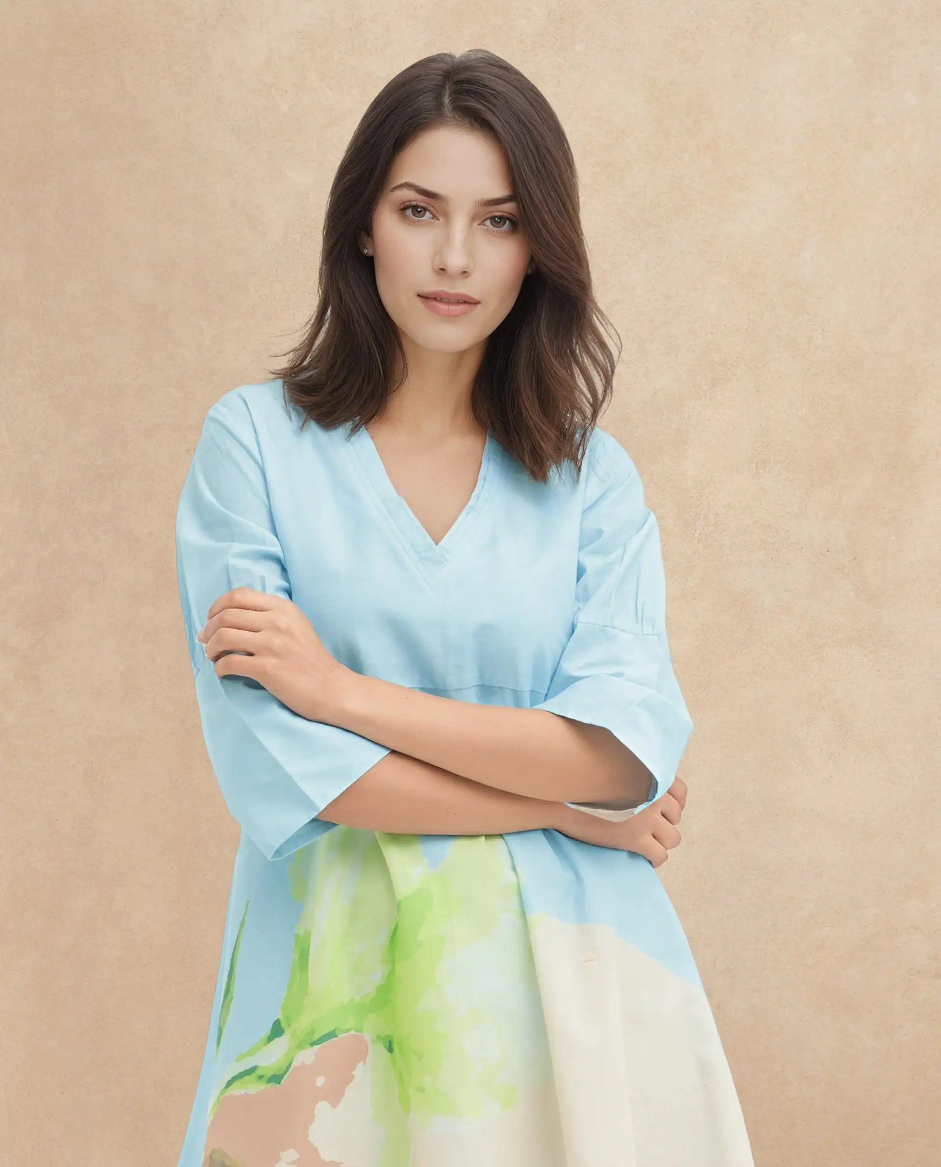 Rareism Women's Dinara Multi Cotton V-Neck Floral Print Midi A-Line Dress