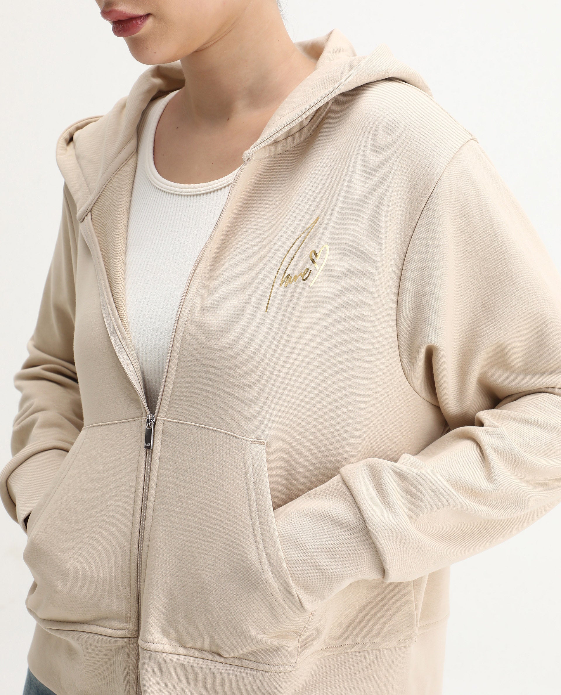 Rareism Women's Div Beige Cotton Blend Hooded Regular Fit Printed Sweatshirt