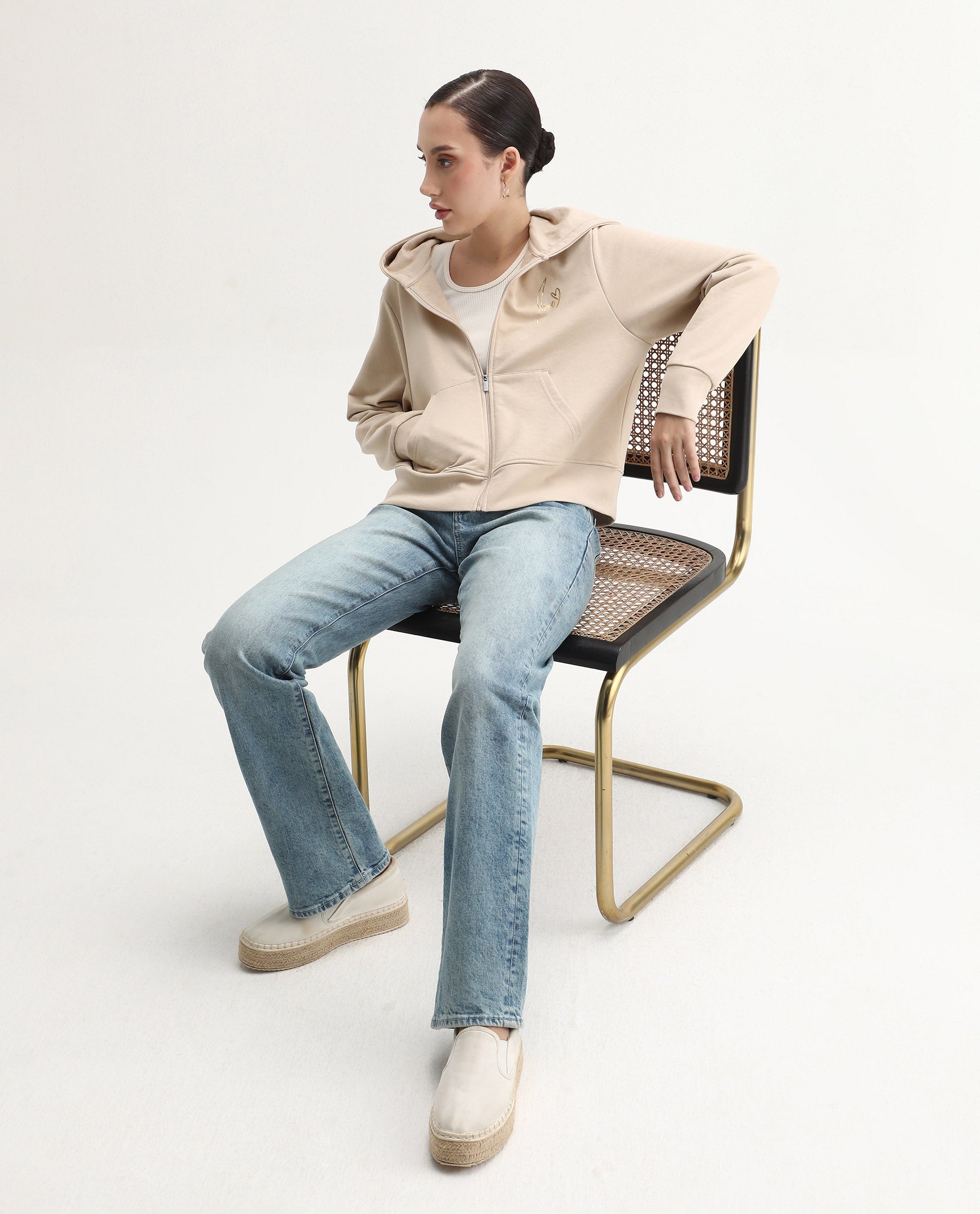 Rareism Women's Div Beige Cotton Blend Hooded Regular Fit Printed Sweatshirt