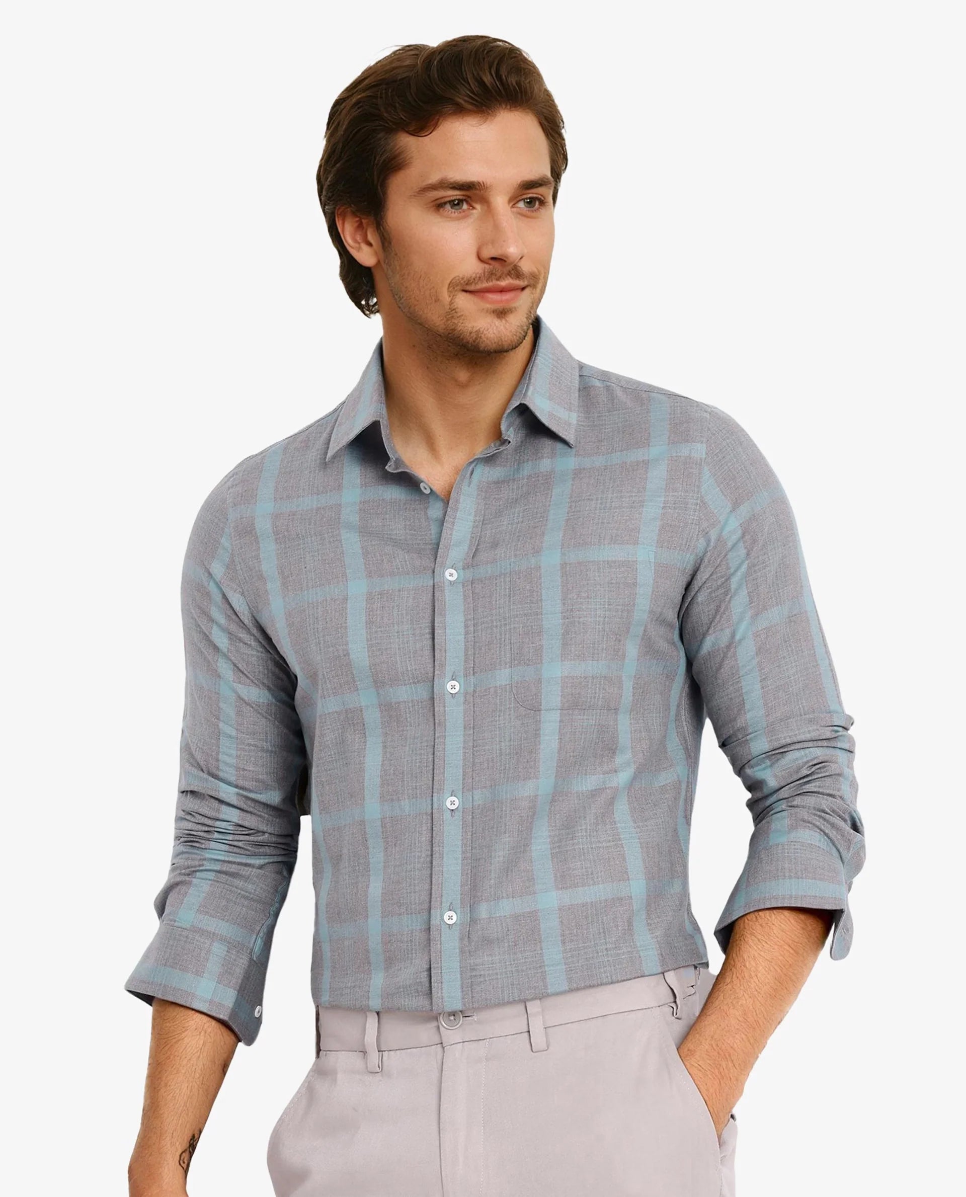 Rare Rabbit Men Dofy Grey Cotton Fabric Full Sleeve Regular Fit Checks Shirt