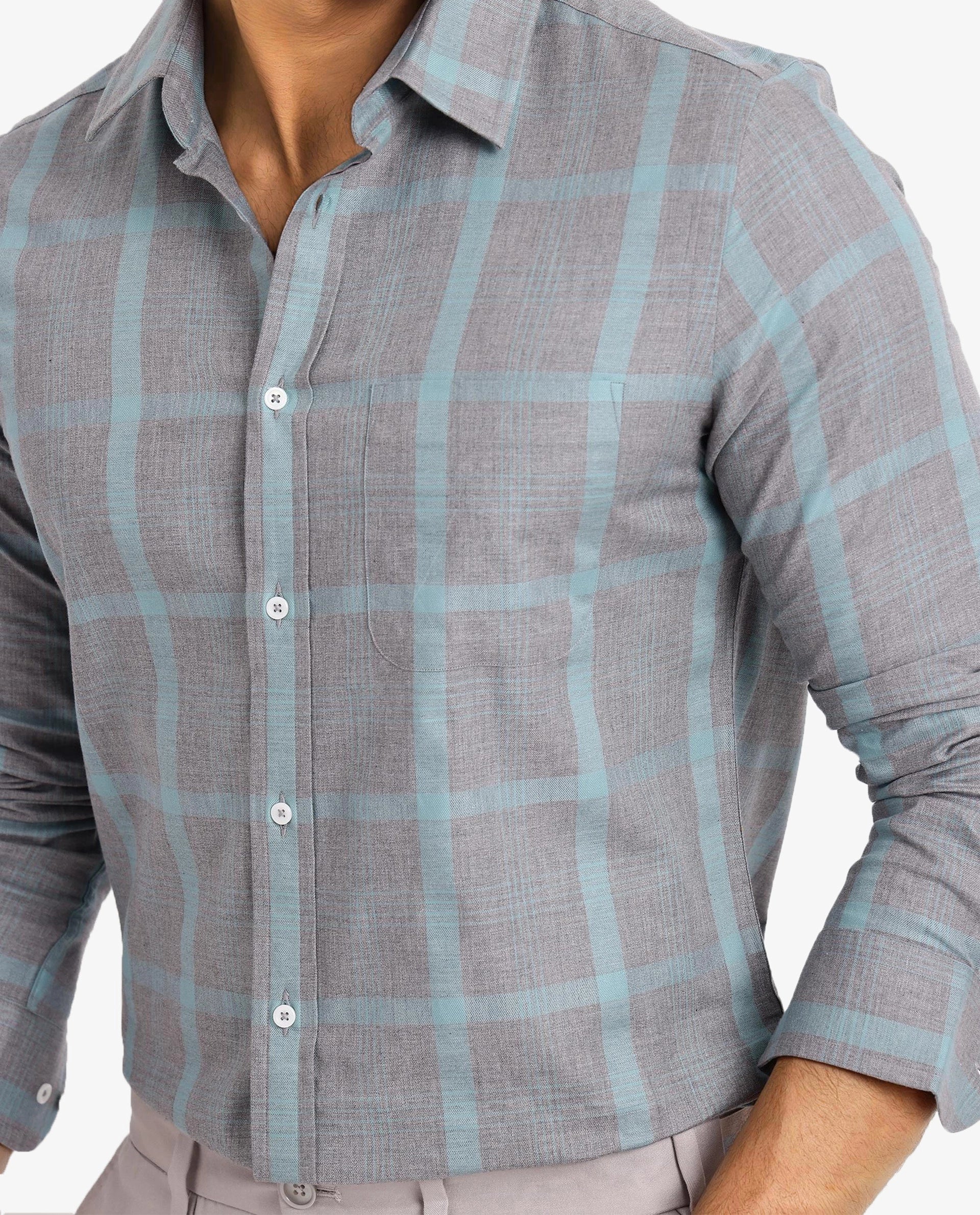 Rare Rabbit Men Dofy Grey Cotton Fabric Full Sleeve Regular Fit Checks Shirt