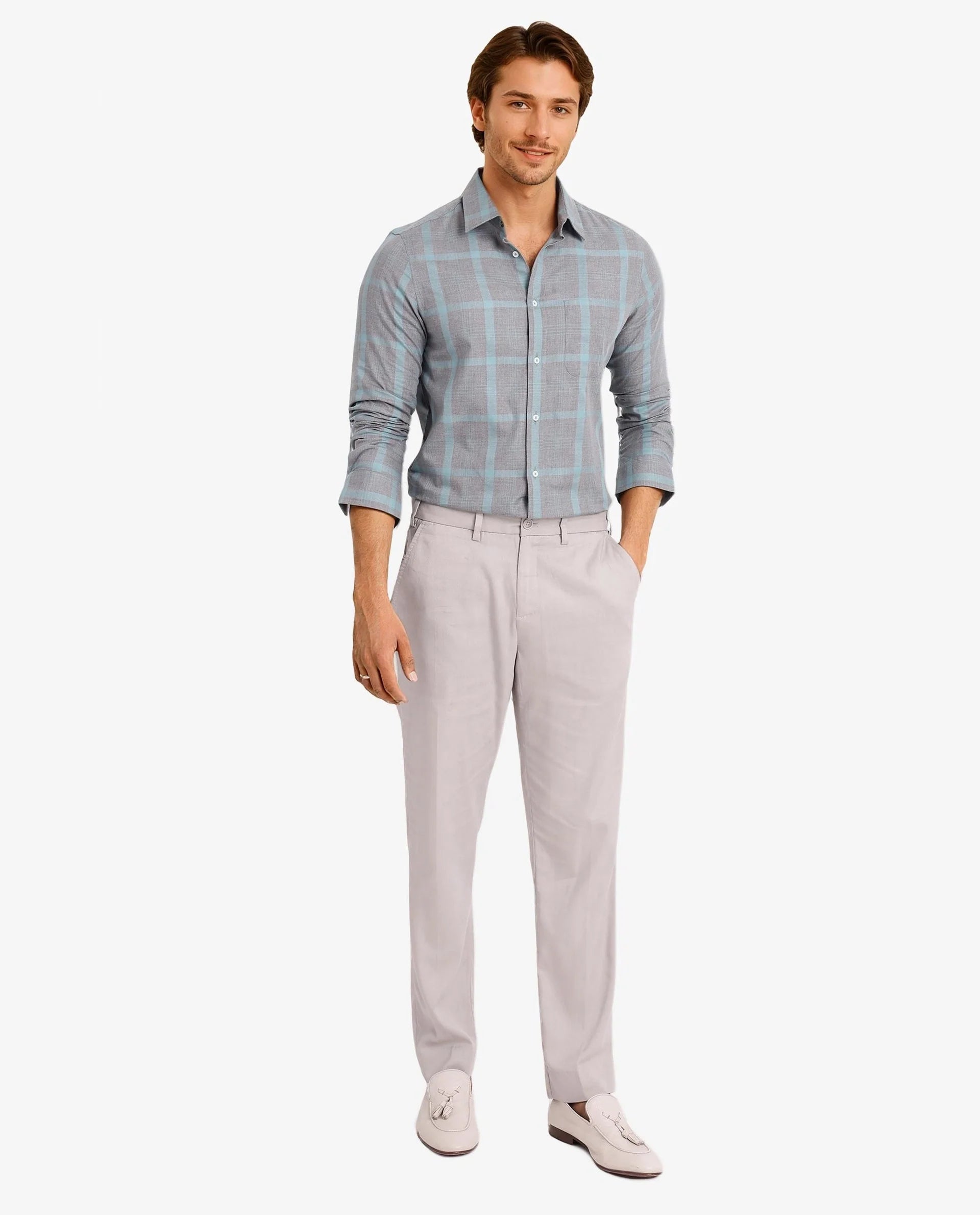 Rare Rabbit Men Dofy Grey Cotton Fabric Full Sleeve Regular Fit Checks Shirt