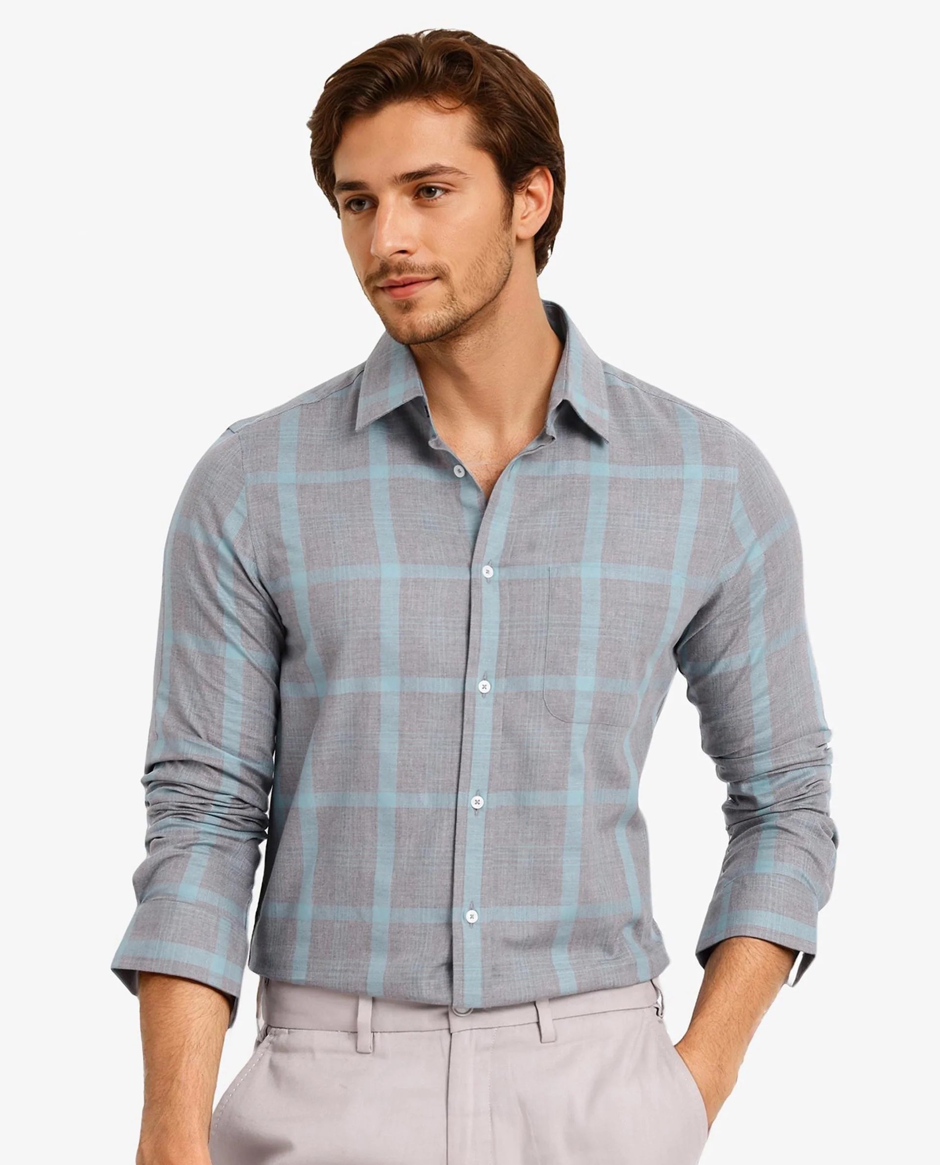 Rare Rabbit Men Dofy Grey Cotton Fabric Full Sleeve Regular Fit Checks Shirt