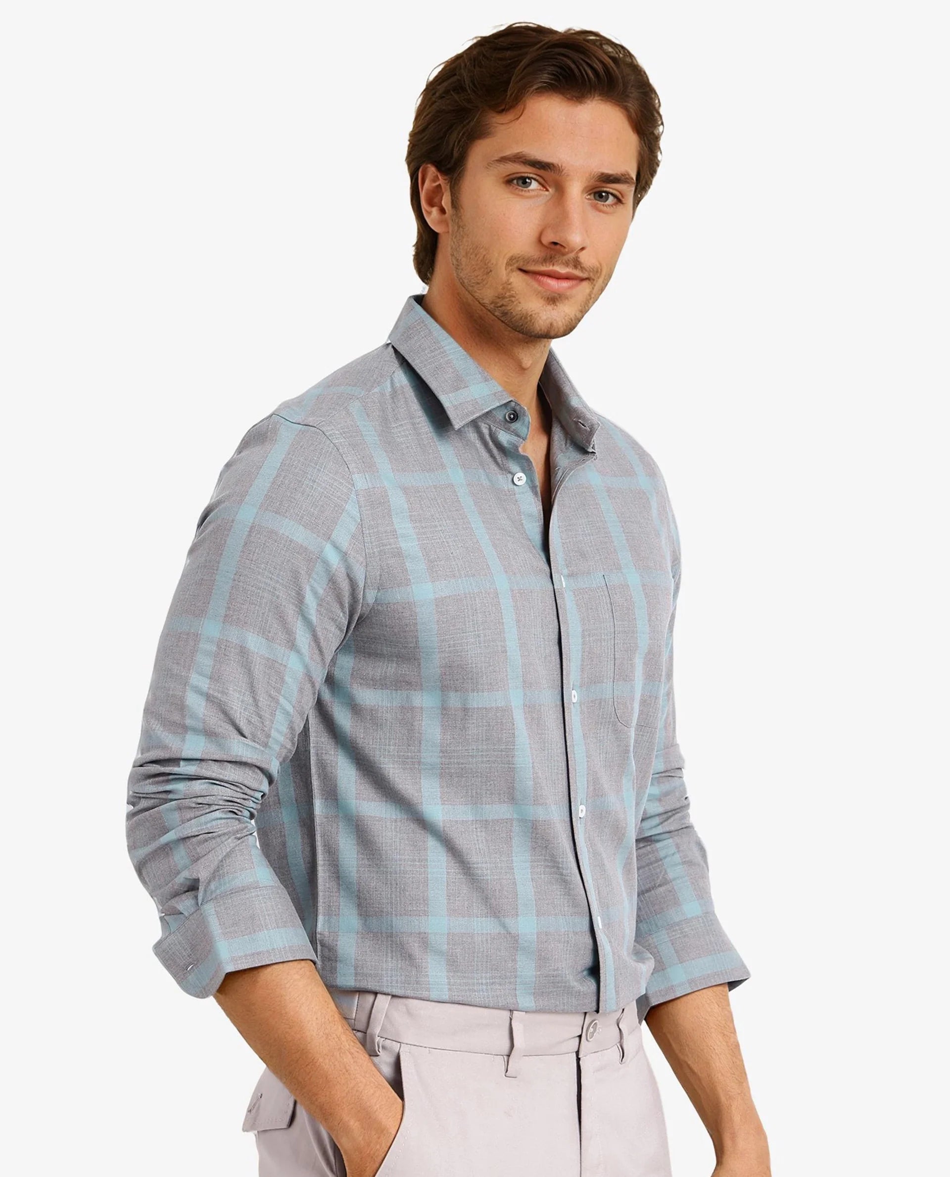 Rare Rabbit Men Dofy Grey Cotton Fabric Full Sleeve Regular Fit Checks Shirt