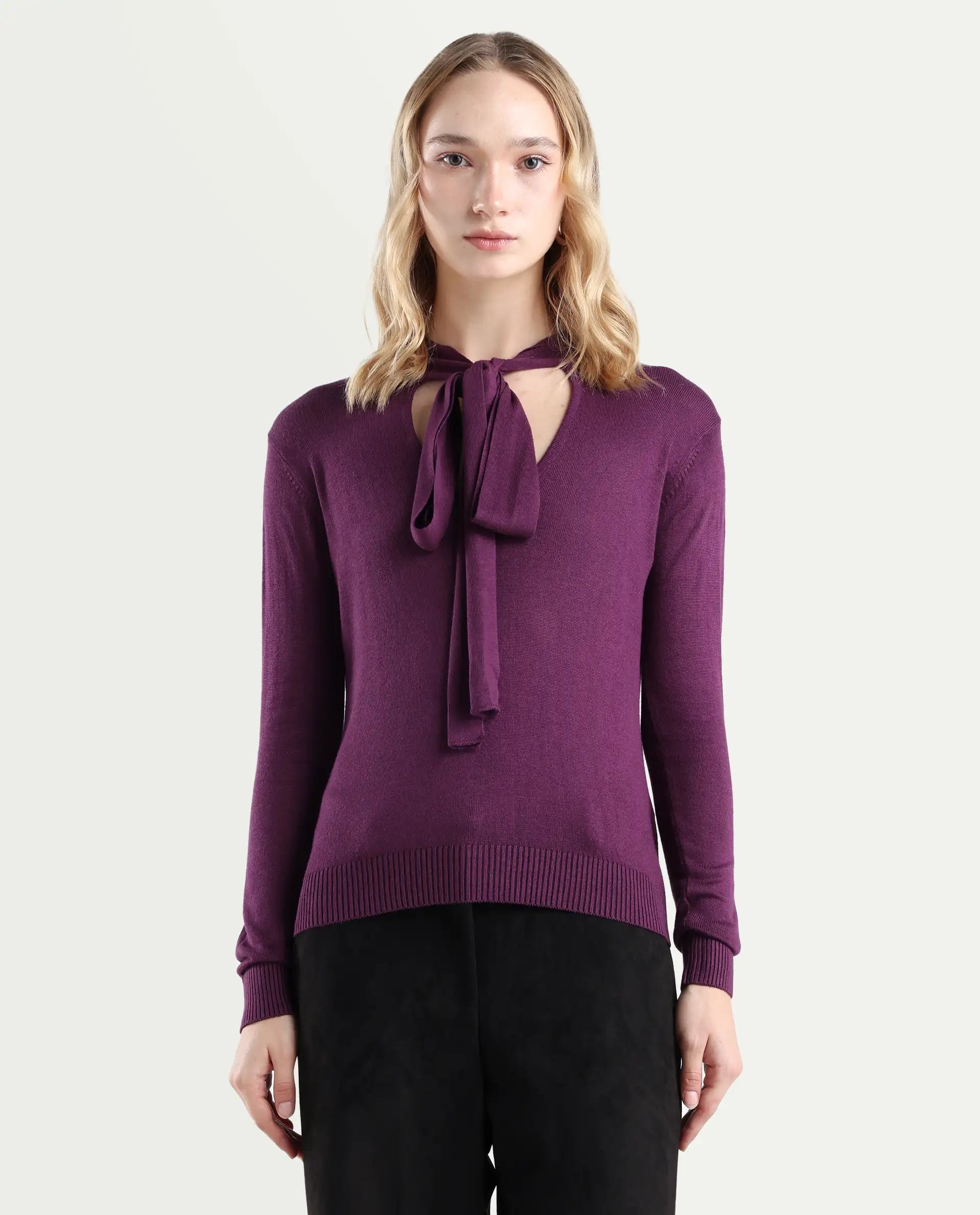 Rareism Women's Dolce Purple Viscose Tie-Up Neck Plain Regular Fit Sweater