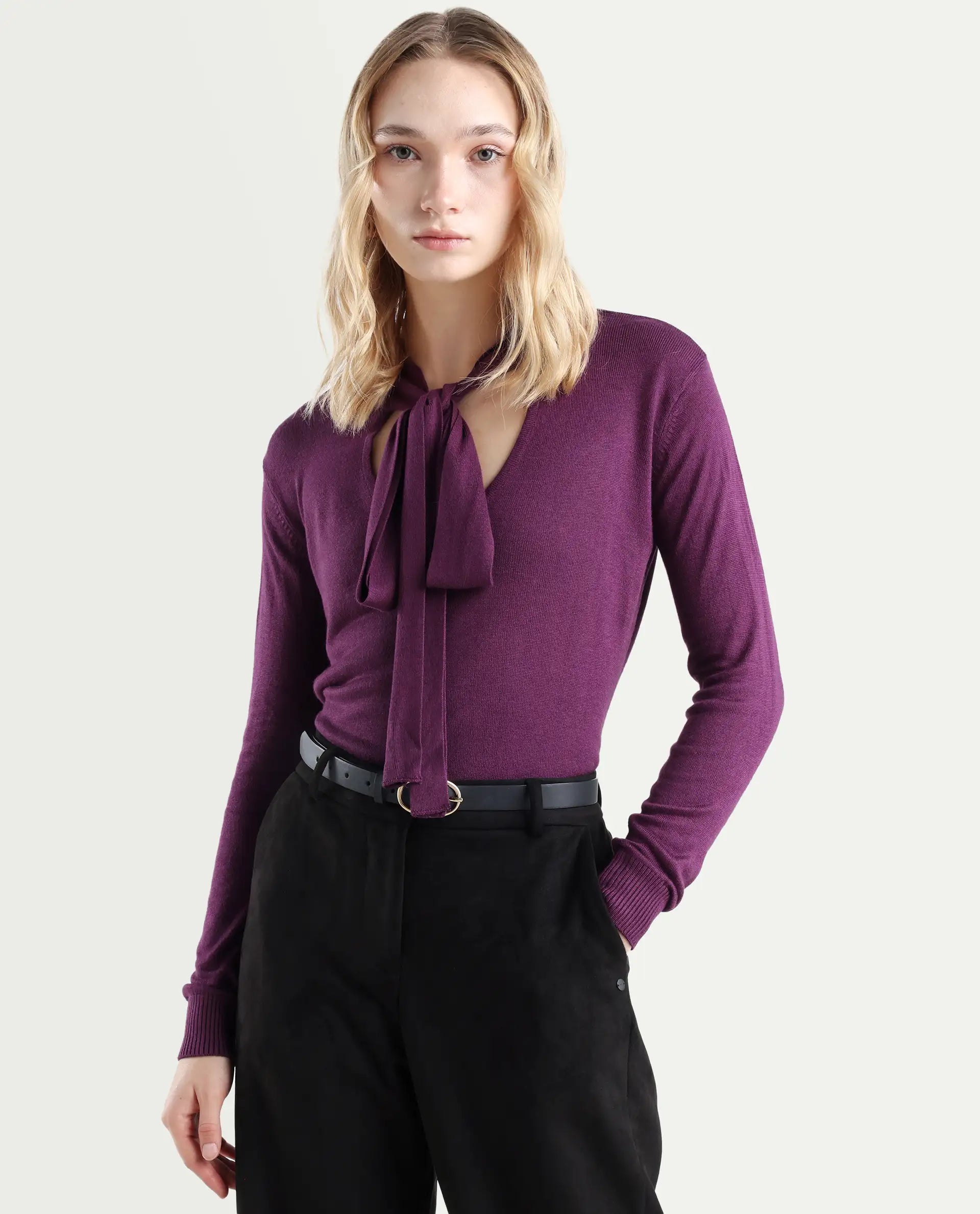 Rareism Women's Dolce Purple Viscose Tie-Up Neck Plain Regular Fit Sweater