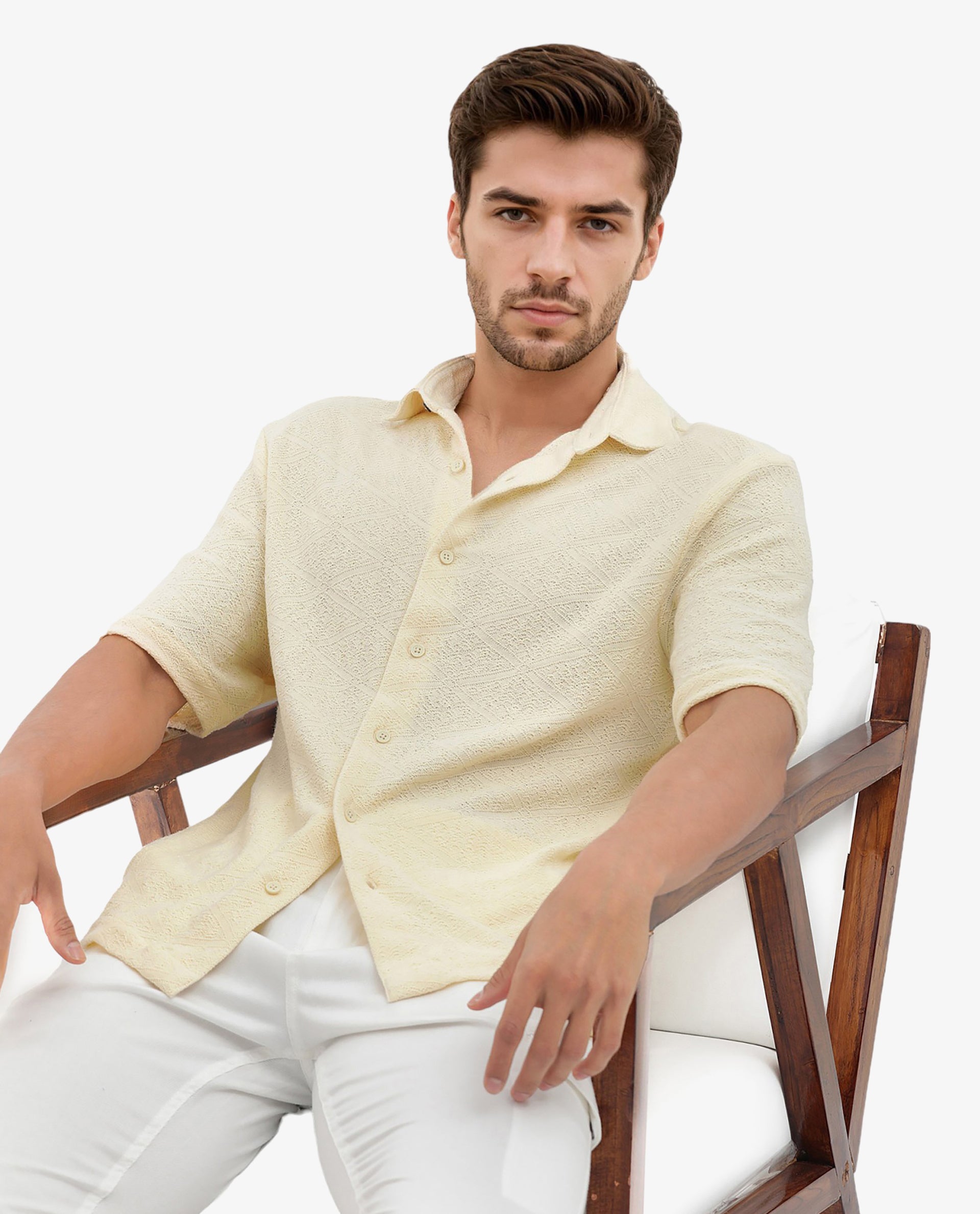 Rare Rabbit Men's Domat Light Yellow Cotton Fabric Half Sleeve Boxy Fit Jacquard Textured Shirt