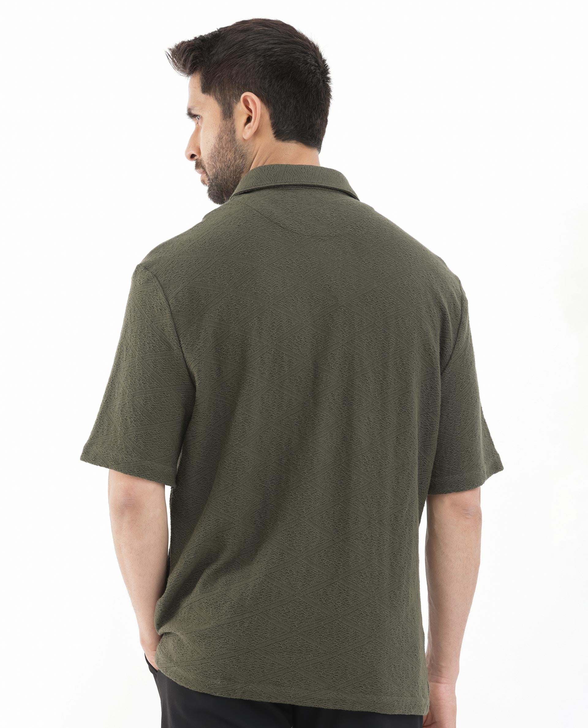 Rare Rabbit Men's Domat Olive Cotton Fabric Half Sleeve Boxy Fit Jacquard Textured Shirt