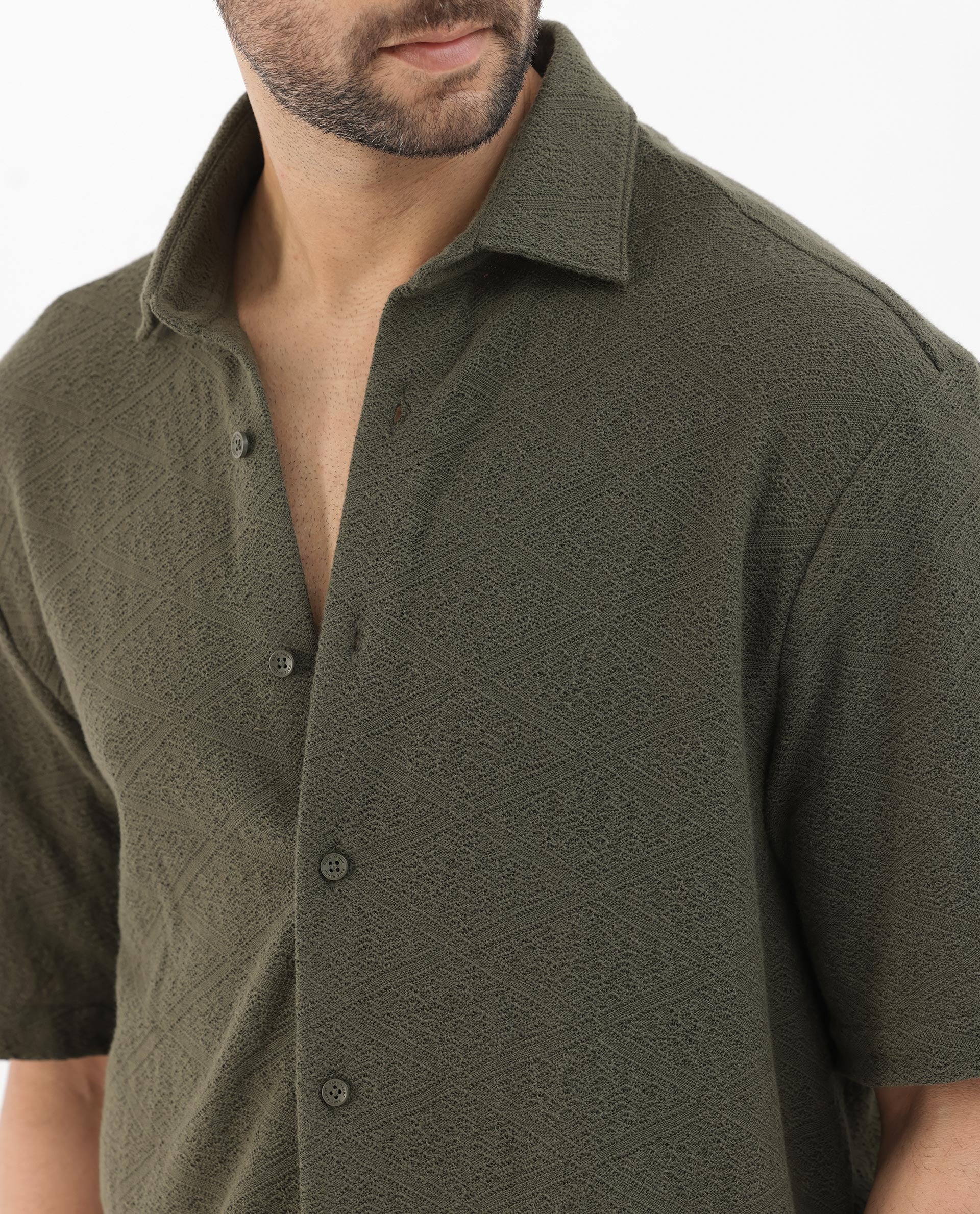 Rare Rabbit Men's Domat Olive Cotton Fabric Half Sleeve Boxy Fit Jacquard Textured Shirt