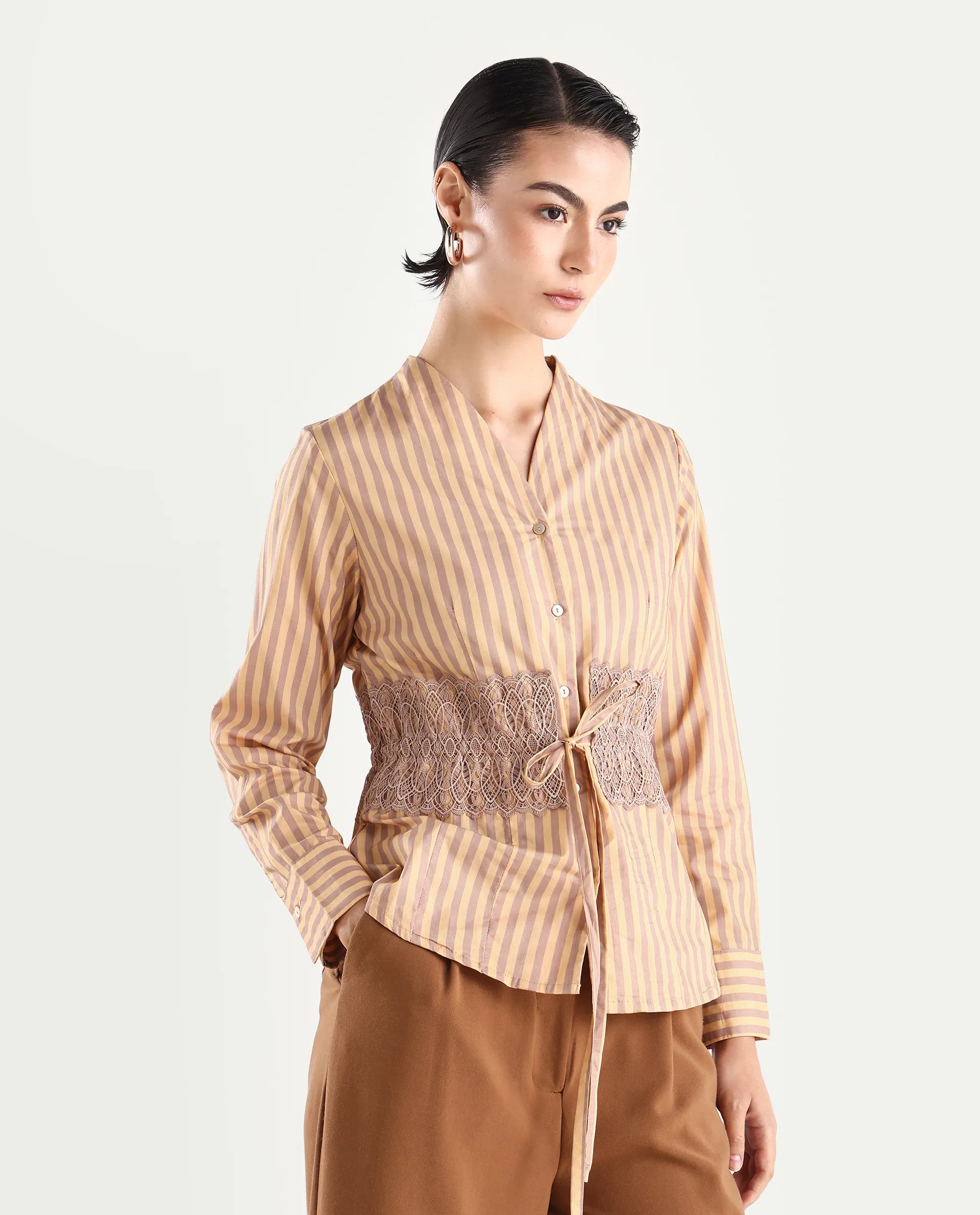 Rareism Women's Dooze Tan Cotton V-Neck Striped Cuffed Sleeve Regular Fit Top