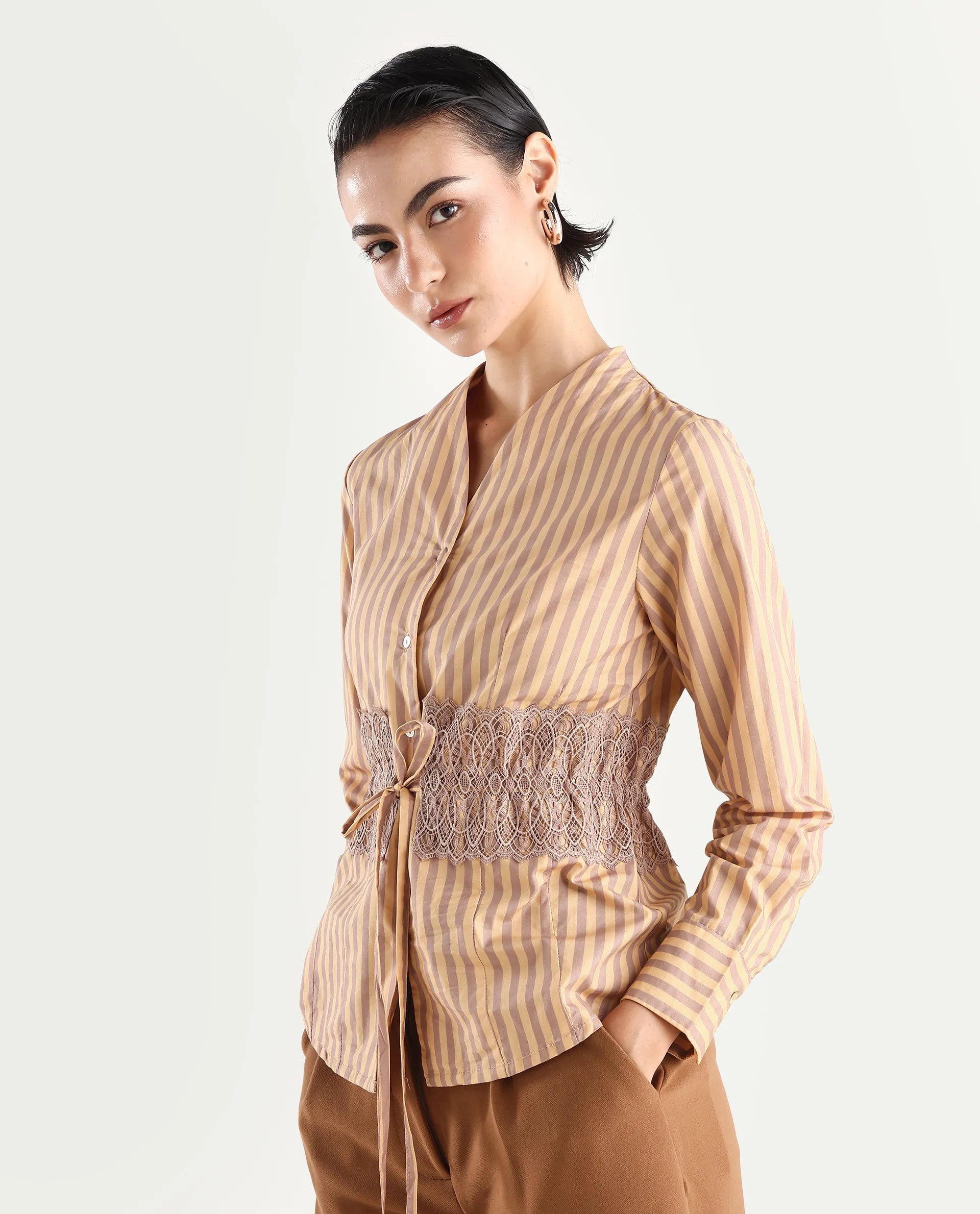 Rareism Women's Dooze Tan Cotton V-Neck Striped Cuffed Sleeve Regular Fit Top