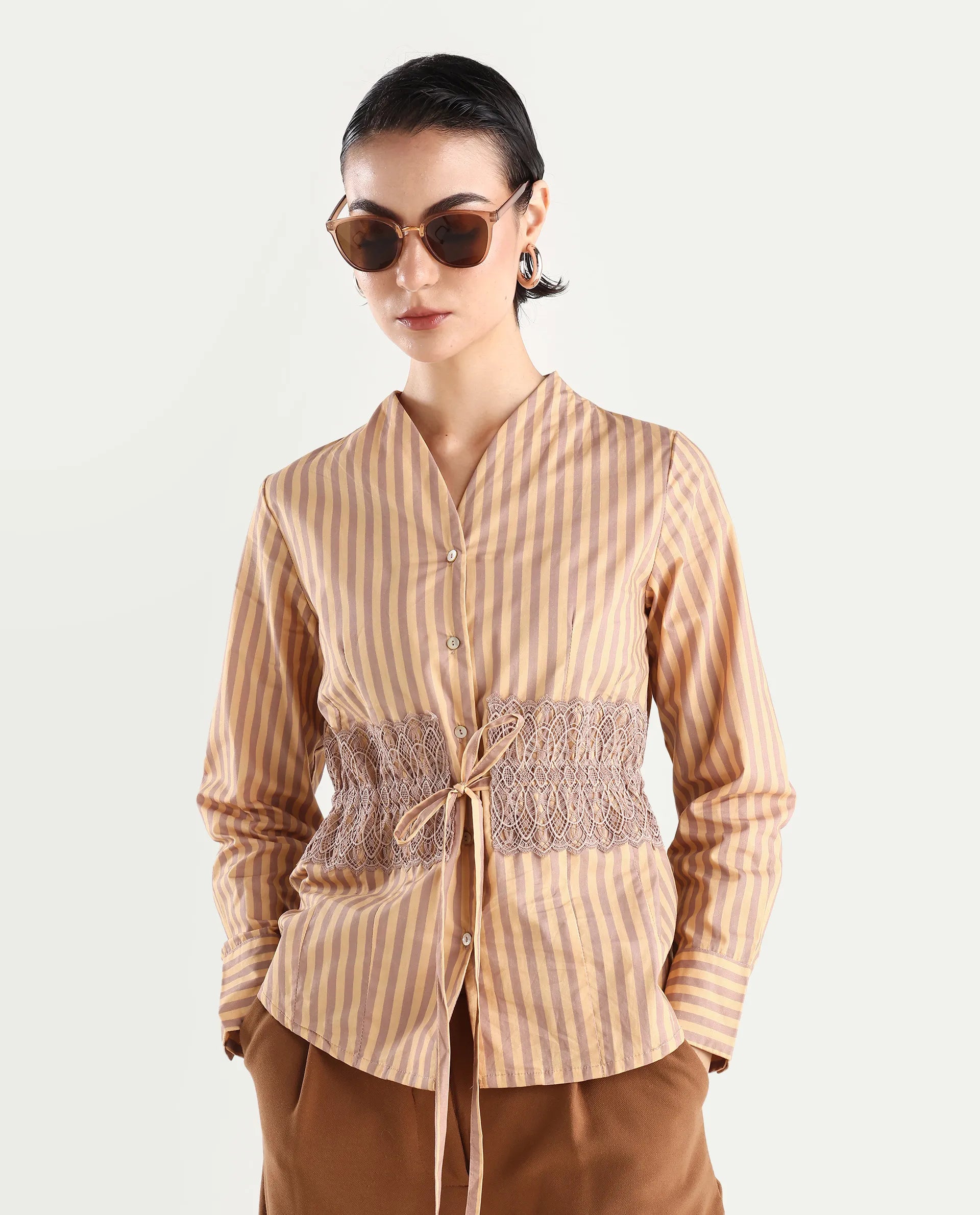 Rareism Women's Dooze Tan Cotton V-Neck Striped Cuffed Sleeve Regular Fit Top