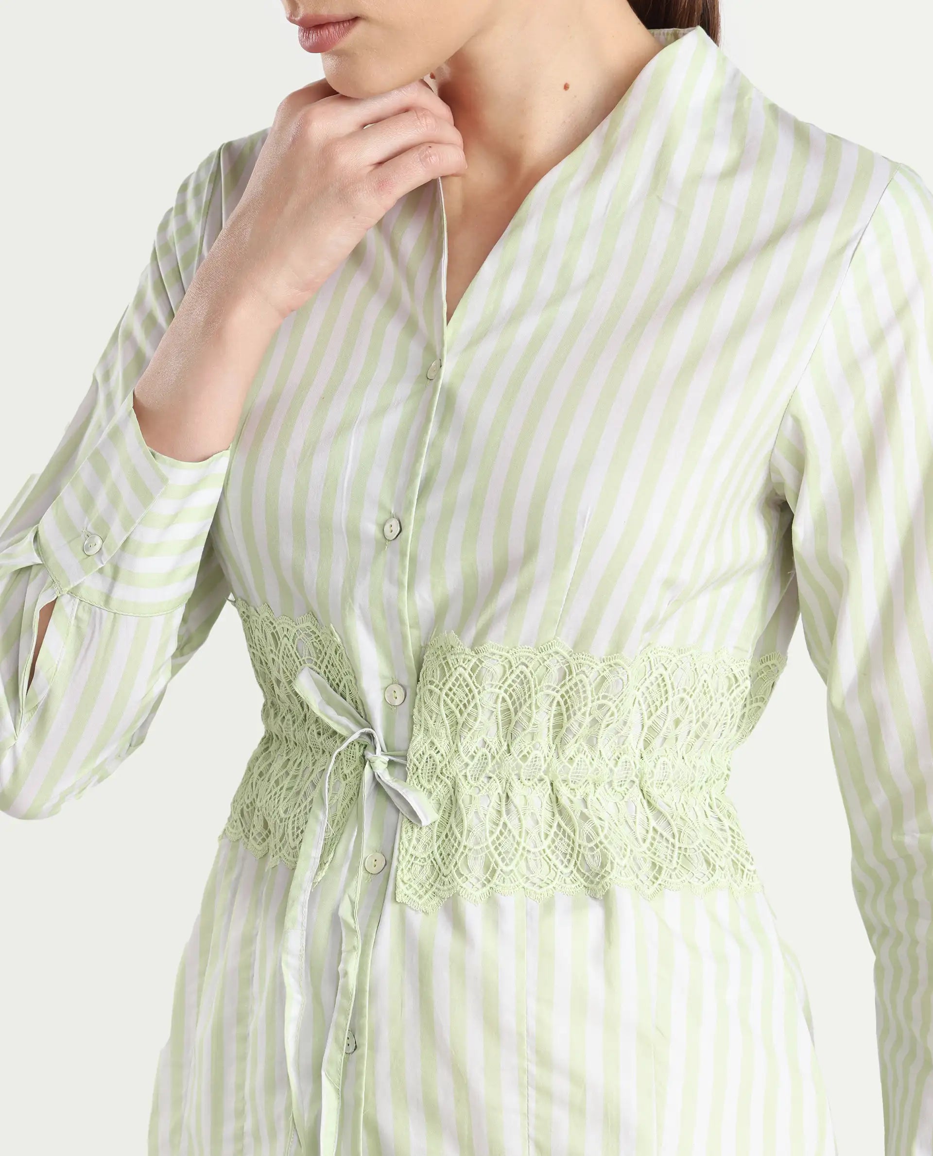 Rareism Women's Dooze Light Green Cotton V-Neck Striped Cuffed Sleeve Regular Fit Top