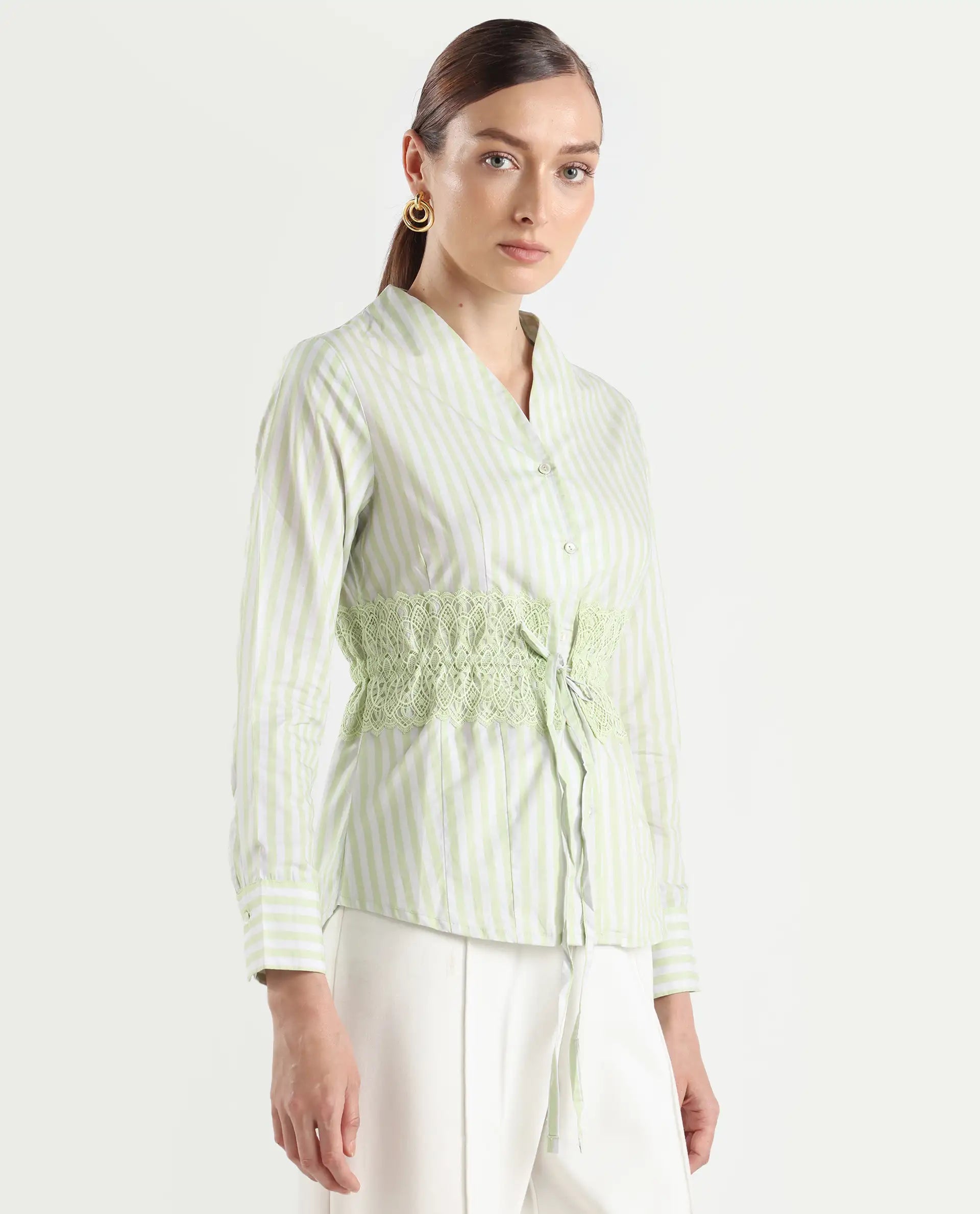 Rareism Women's Dooze Light Green Cotton V-Neck Striped Cuffed Sleeve Regular Fit Top