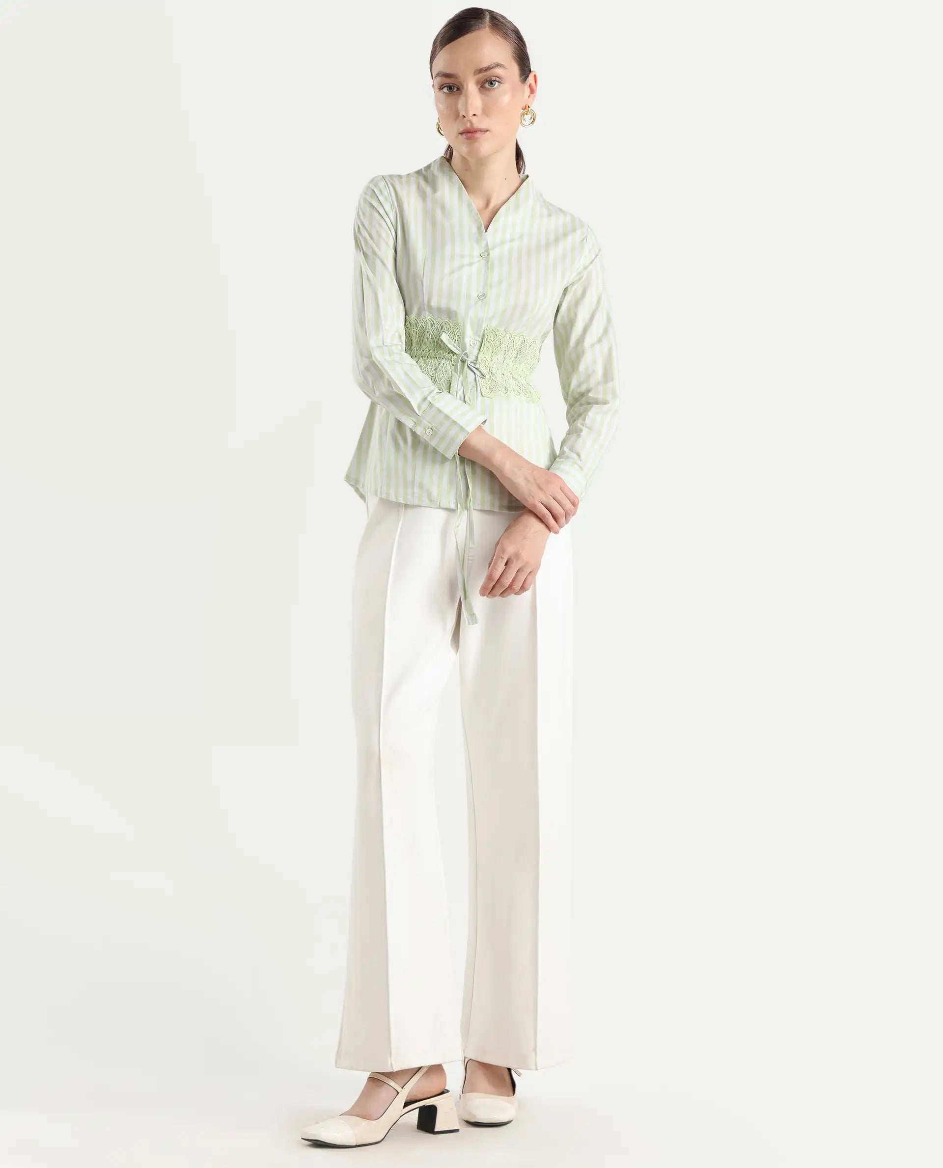 Rareism Women's Dooze Light Green Cotton V-Neck Striped Cuffed Sleeve Regular Fit Top