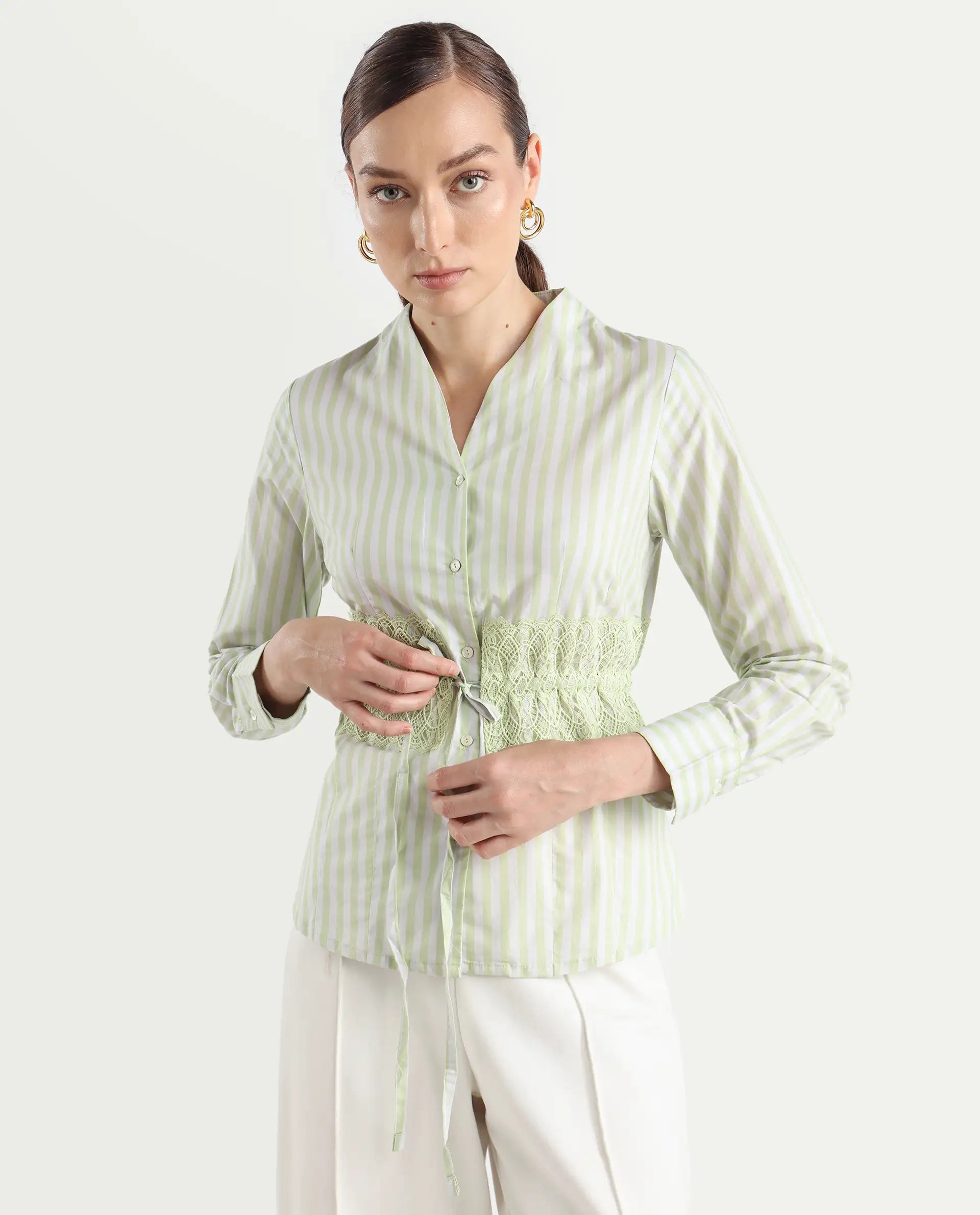 Rareism Women's Dooze Light Green Cotton V-Neck Striped Cuffed Sleeve Regular Fit Top