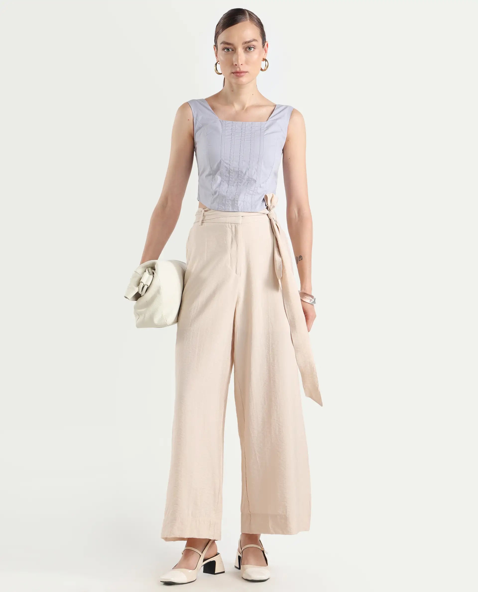 Rareism Women's Dordo Light Blue Cotton Square Neck Dyed Sleeveless Crop Fitted Top