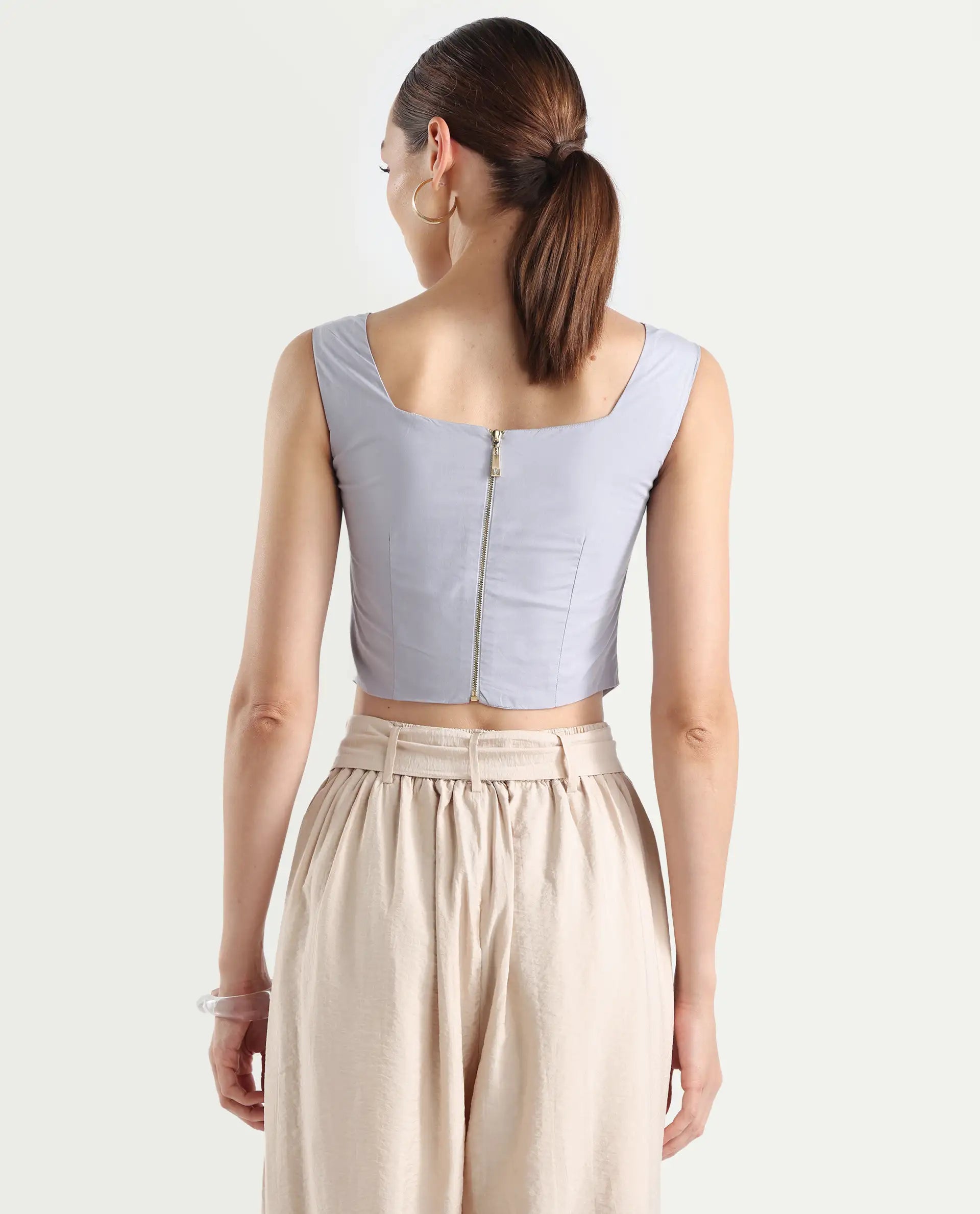 Rareism Women's Dordo Light Blue Cotton Square Neck Dyed Sleeveless Crop Fitted Top