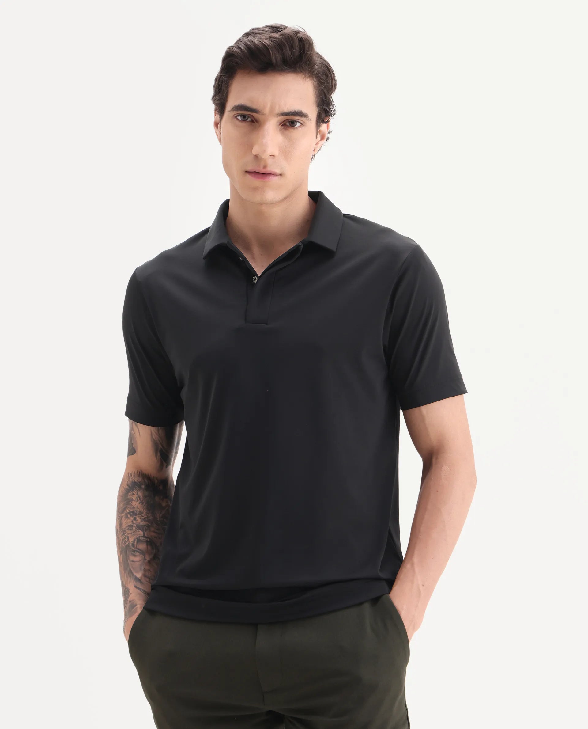 Rare Rabbit Men's Dort Black Nylon Blend Fabric Half Sleeve Spread Collar Plain Polo