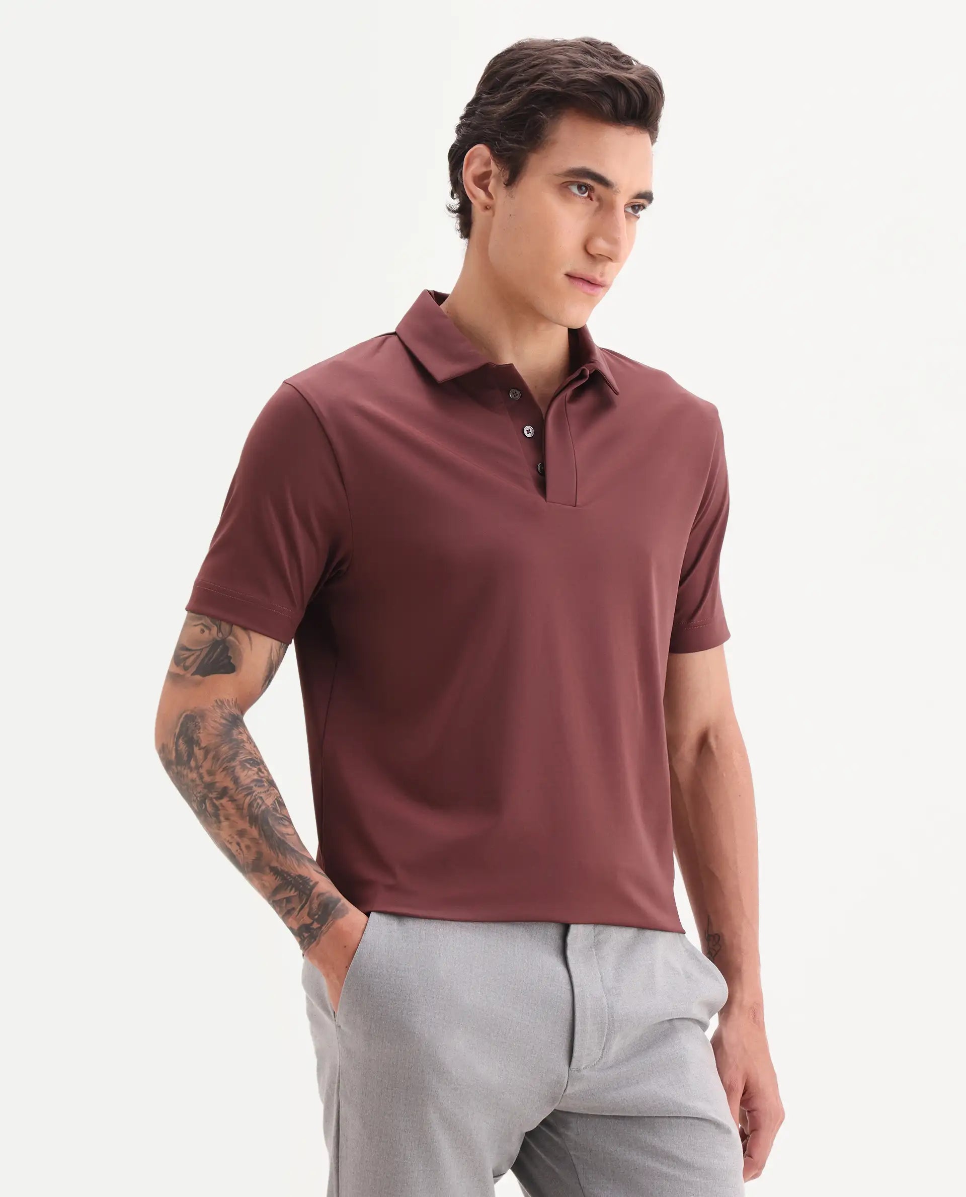 Rare Rabbit Men's Dort Dark Brown Nylon Blend Fabric Half Sleeve Spread Collar Plain Polo