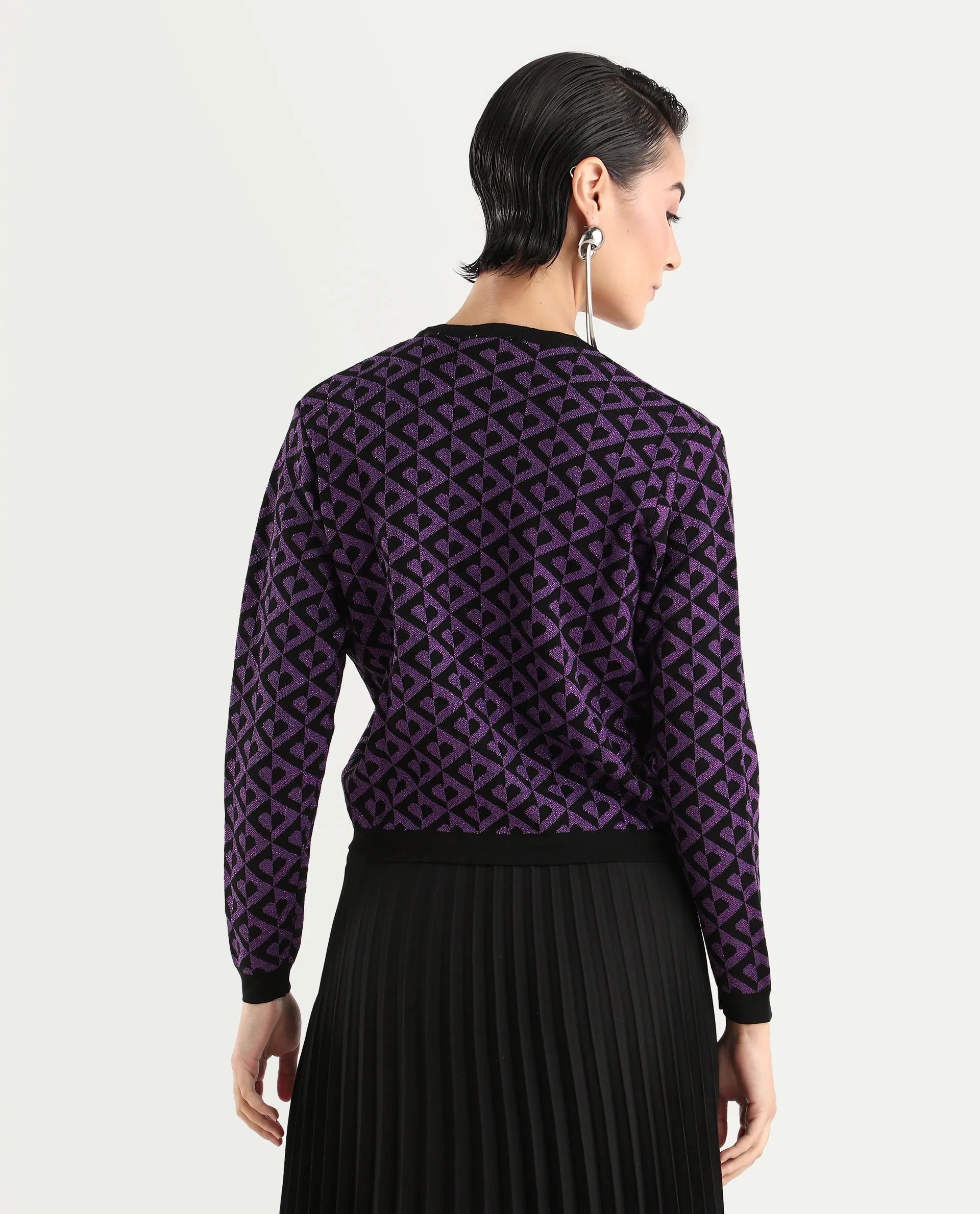 Rareism Women's Dortyol Purple Cotton V-Neck Geometric Print Regular Fit Sweater