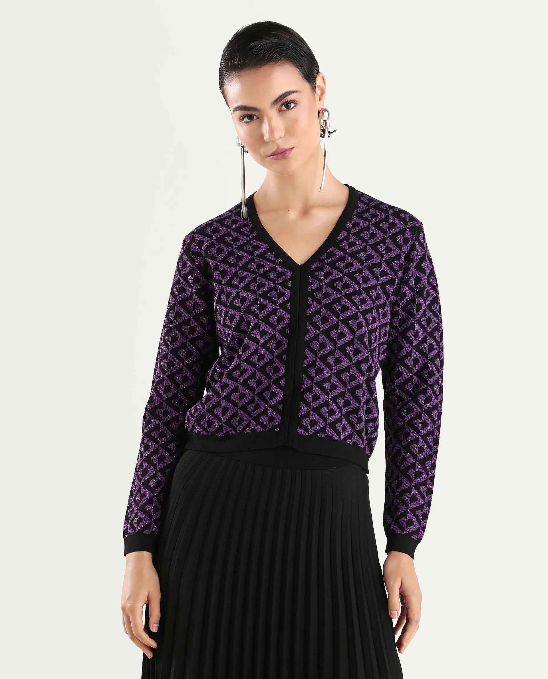 Rareism Women's Dortyol Purple Cotton V-Neck Geometric Print Regular Fit Sweater