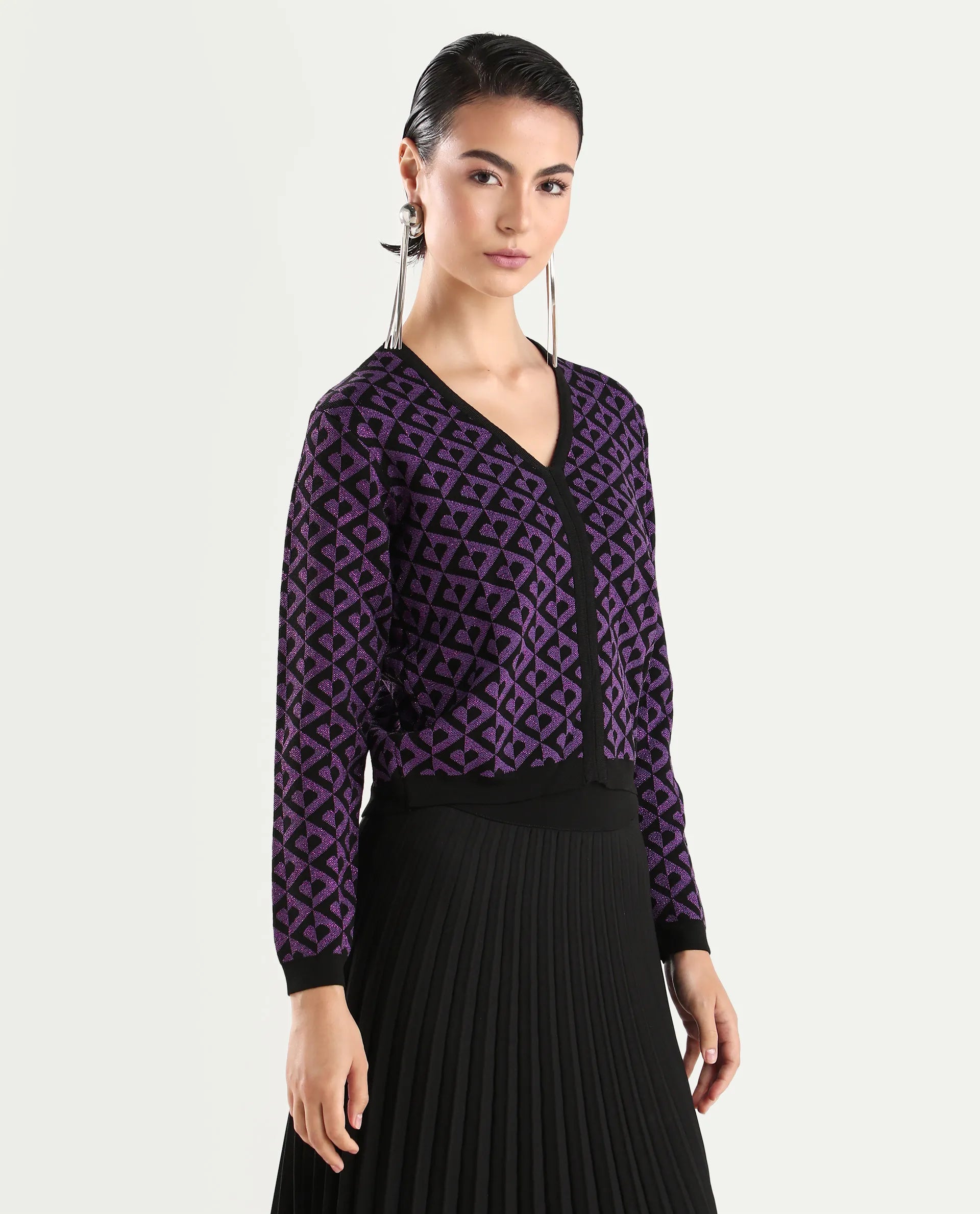 Rareism Women's Dortyol Purple Cotton V-Neck Geometric Print Regular Fit Sweater