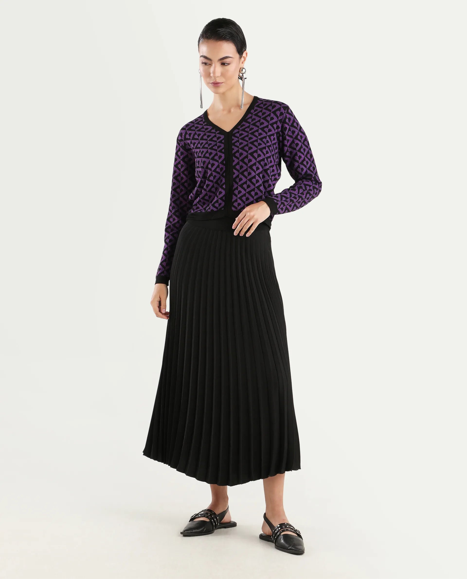 Rareism Women's Dortyol Purple Cotton V-Neck Geometric Print Regular Fit Sweater