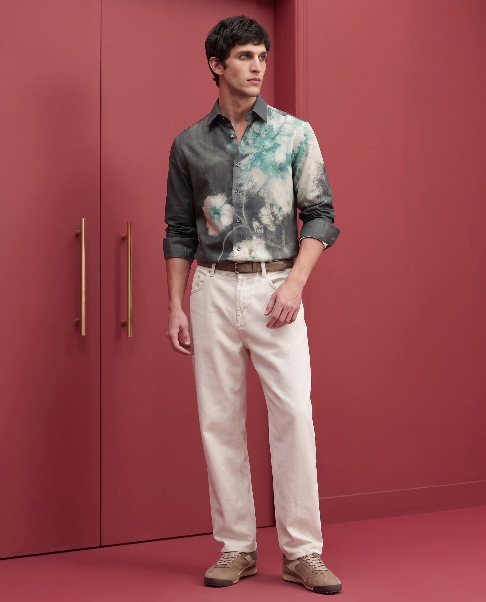 Rare Rabbit Men's Doru Dusky Green Cotton Blend Spread Collar Regular Floral Print Shirt