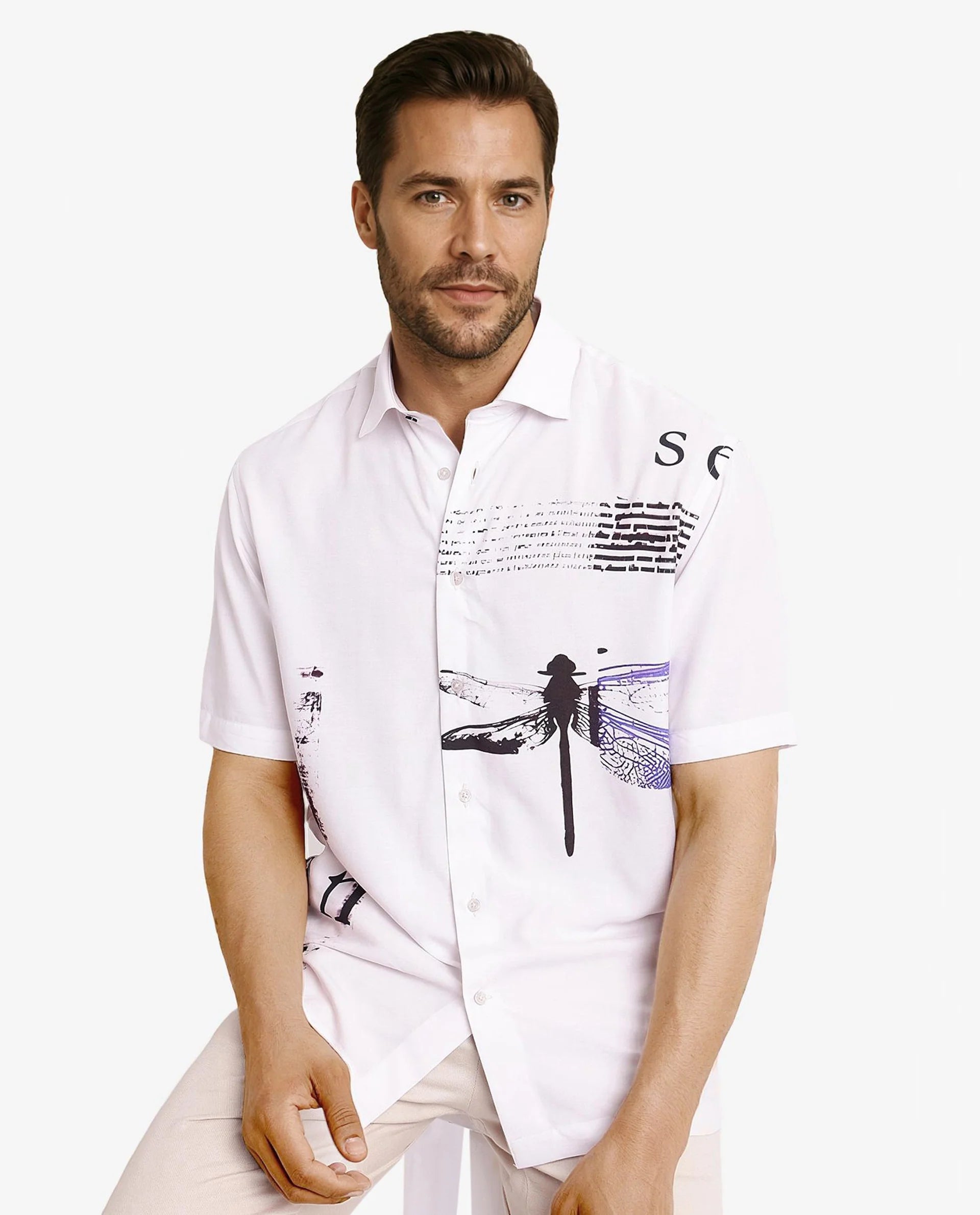 Rare Rabbit Men's Drago White Short Sleeve Boxy Fit Placement Printed Shirt