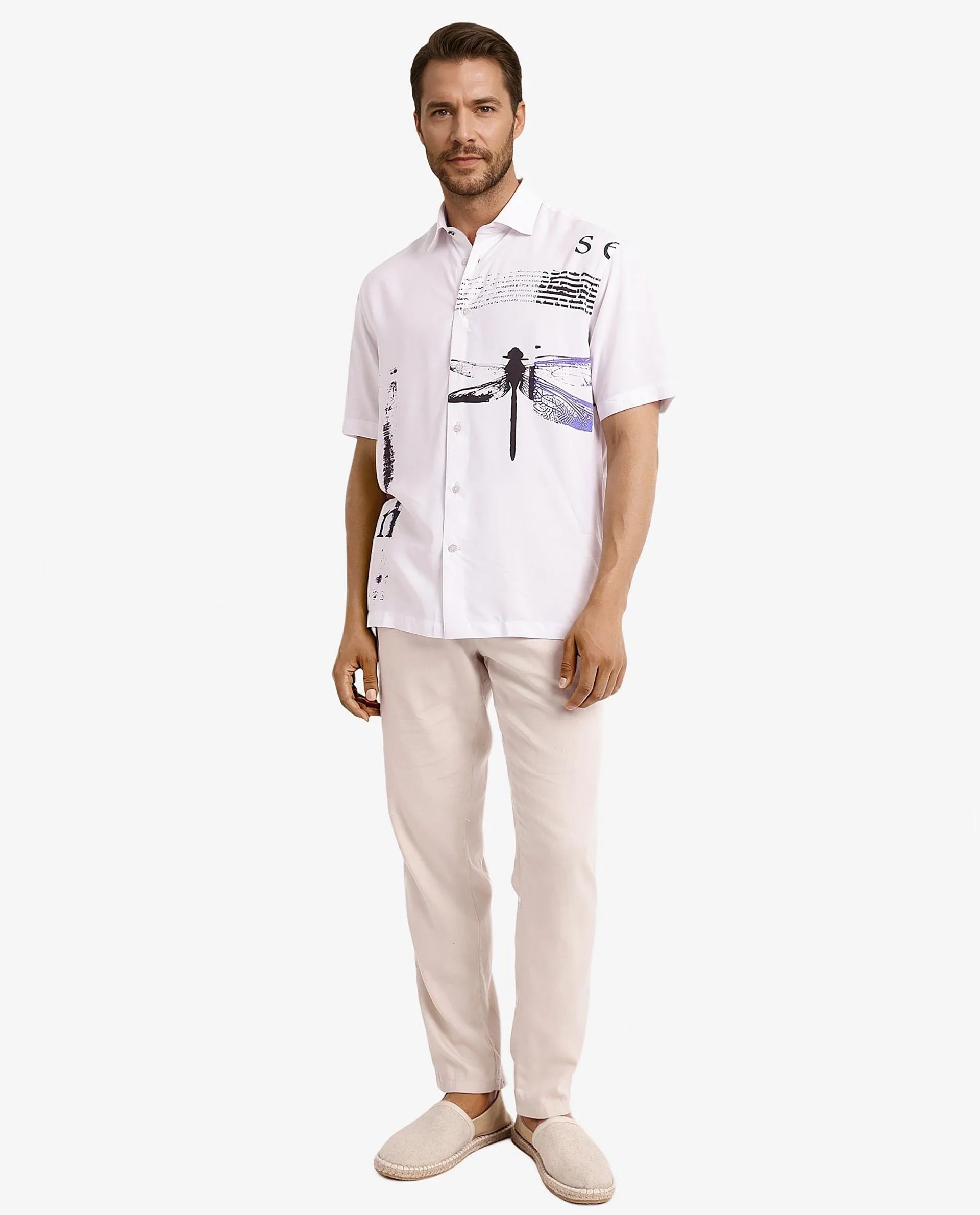 Rare Rabbit Men's Drago White Short Sleeve Boxy Fit Placement Printed Shirt