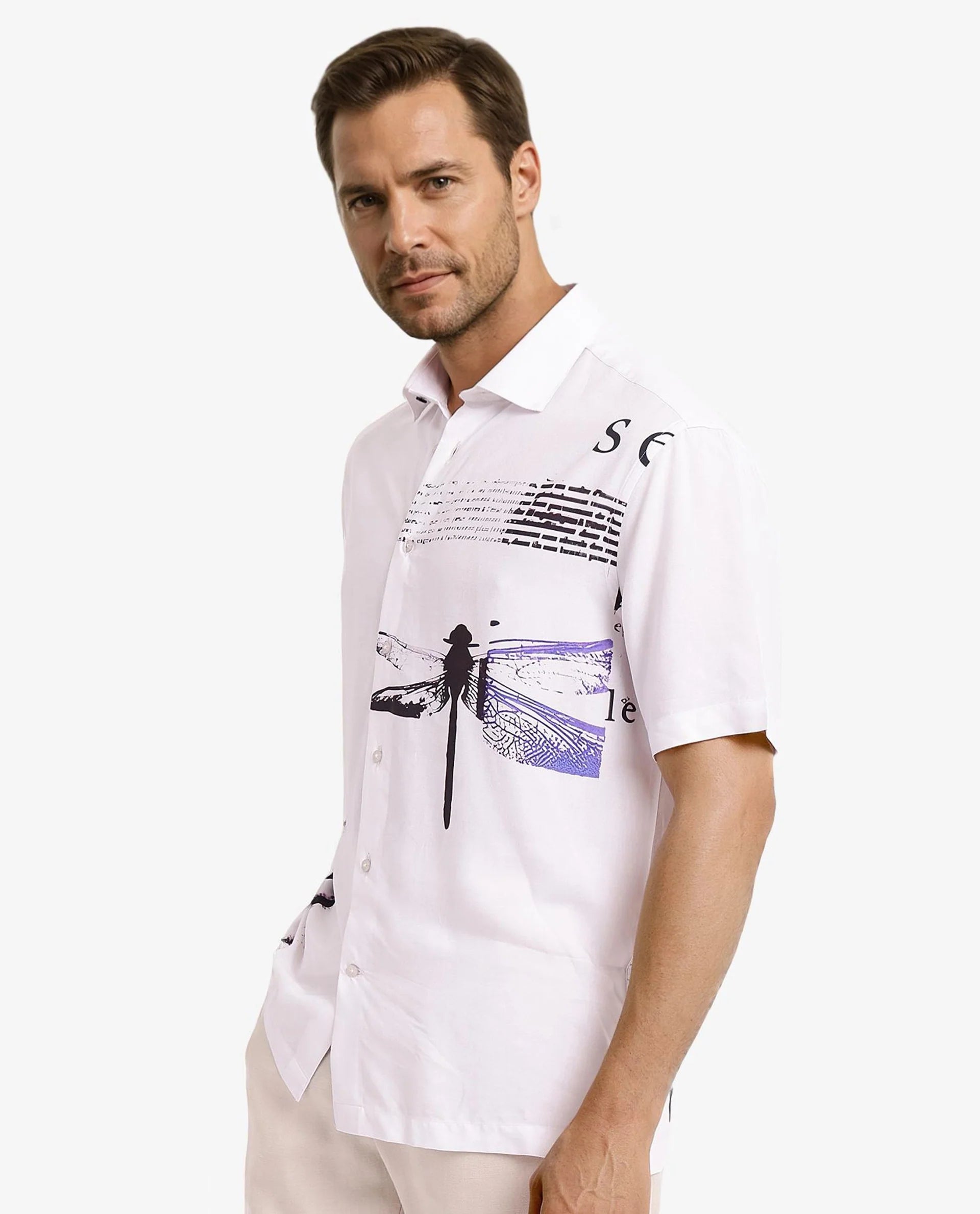 Rare Rabbit Men's Drago White Short Sleeve Boxy Fit Placement Printed Shirt