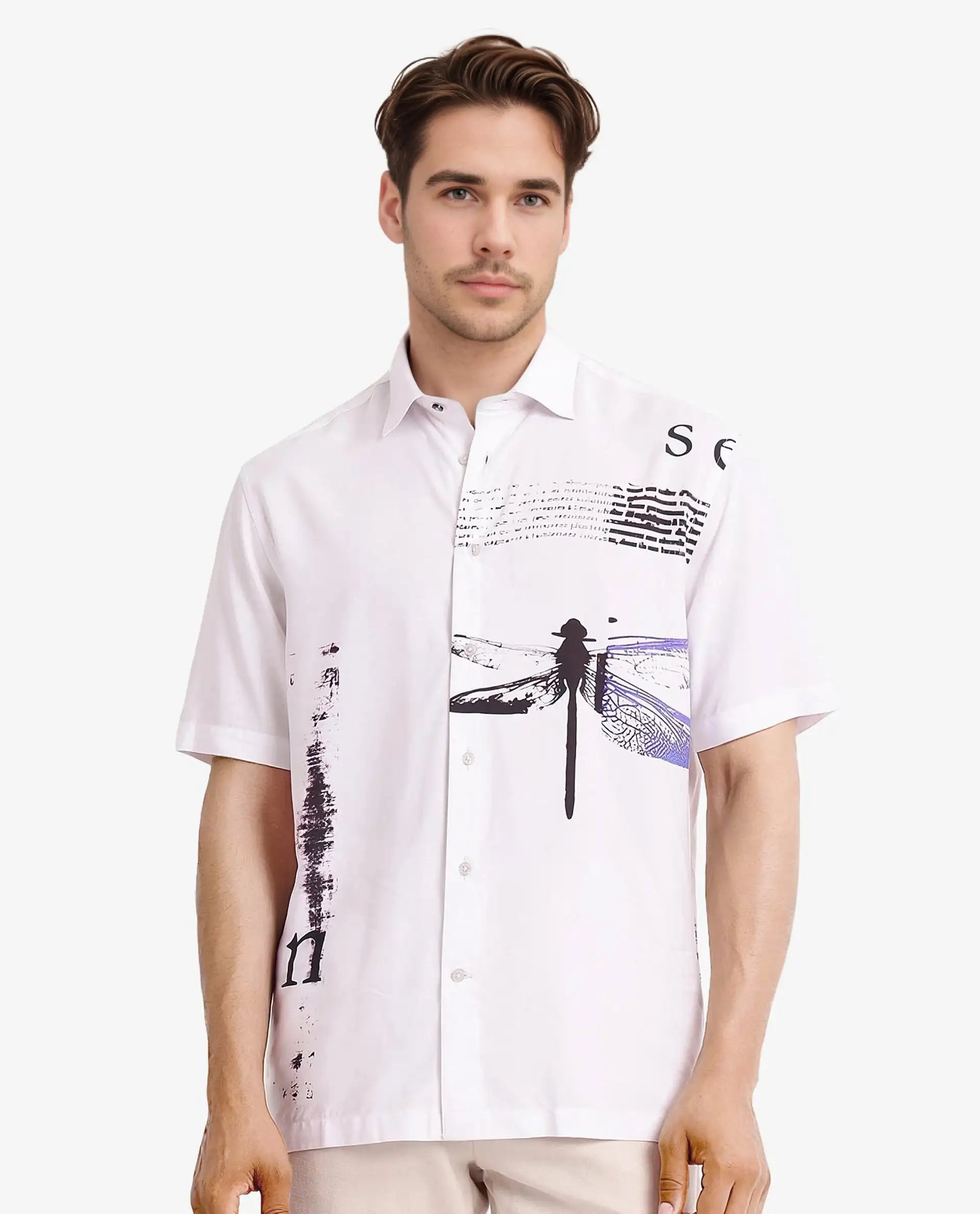 Rare Rabbit Men's Drago White Cotton Printed Boxy Fit Half Sleeve Collared Shirt