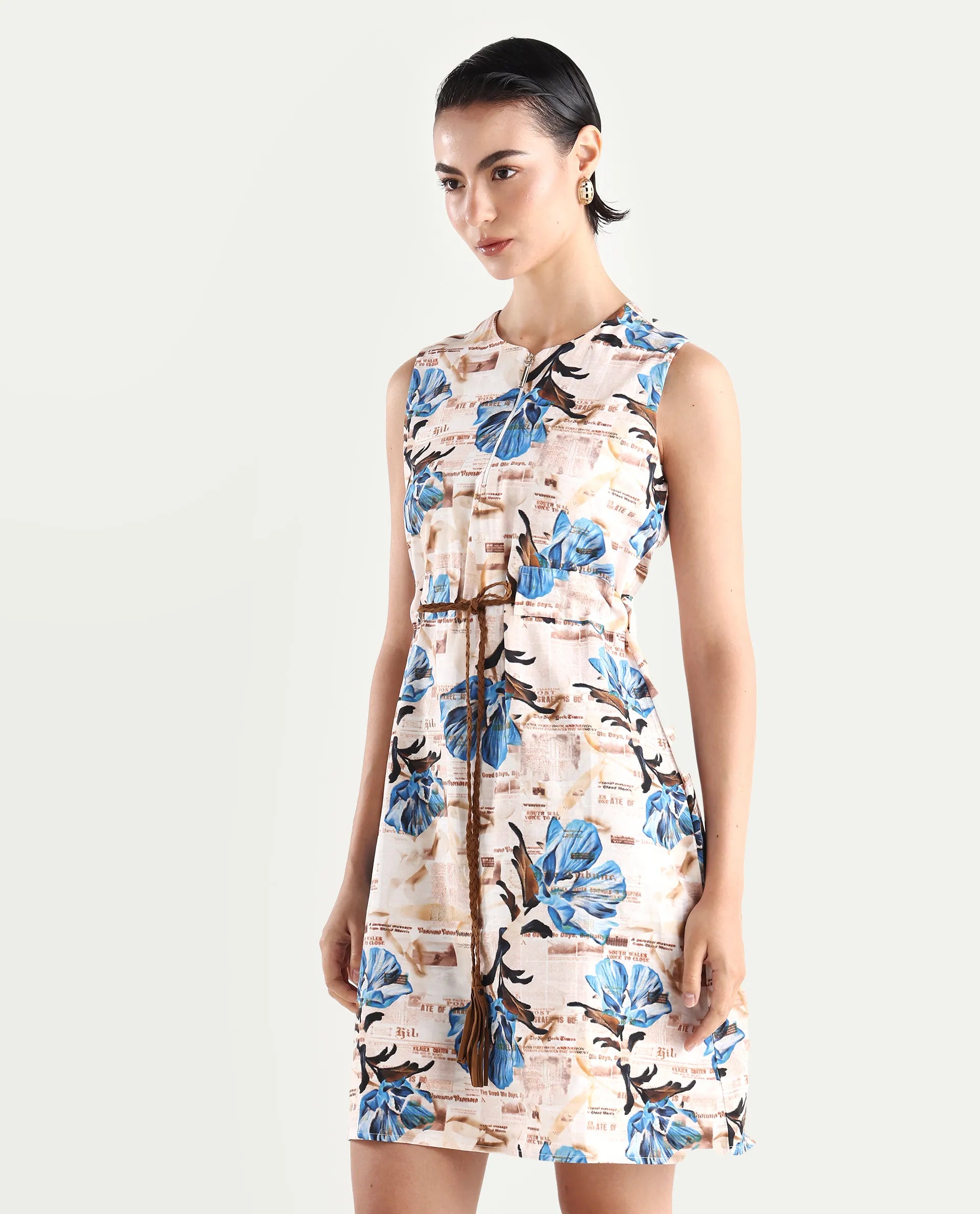 Rareism Women's Dreco Beige Cotton Blend Crew Neck Abstract Print Sleeveless Midi A-Line Dress