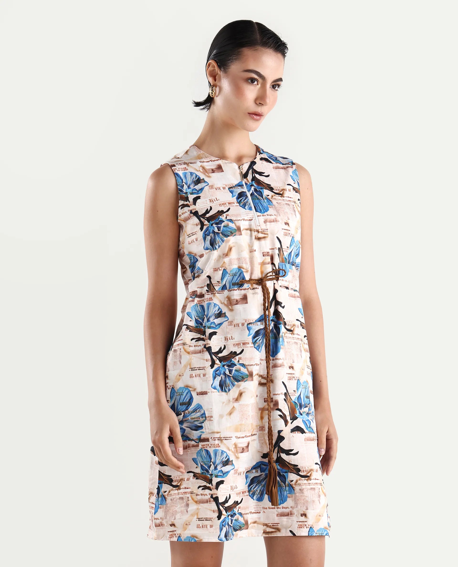 Rareism Women's Dreco Beige Cotton Blend Crew Neck Abstract Print Sleeveless Midi A-Line Dress