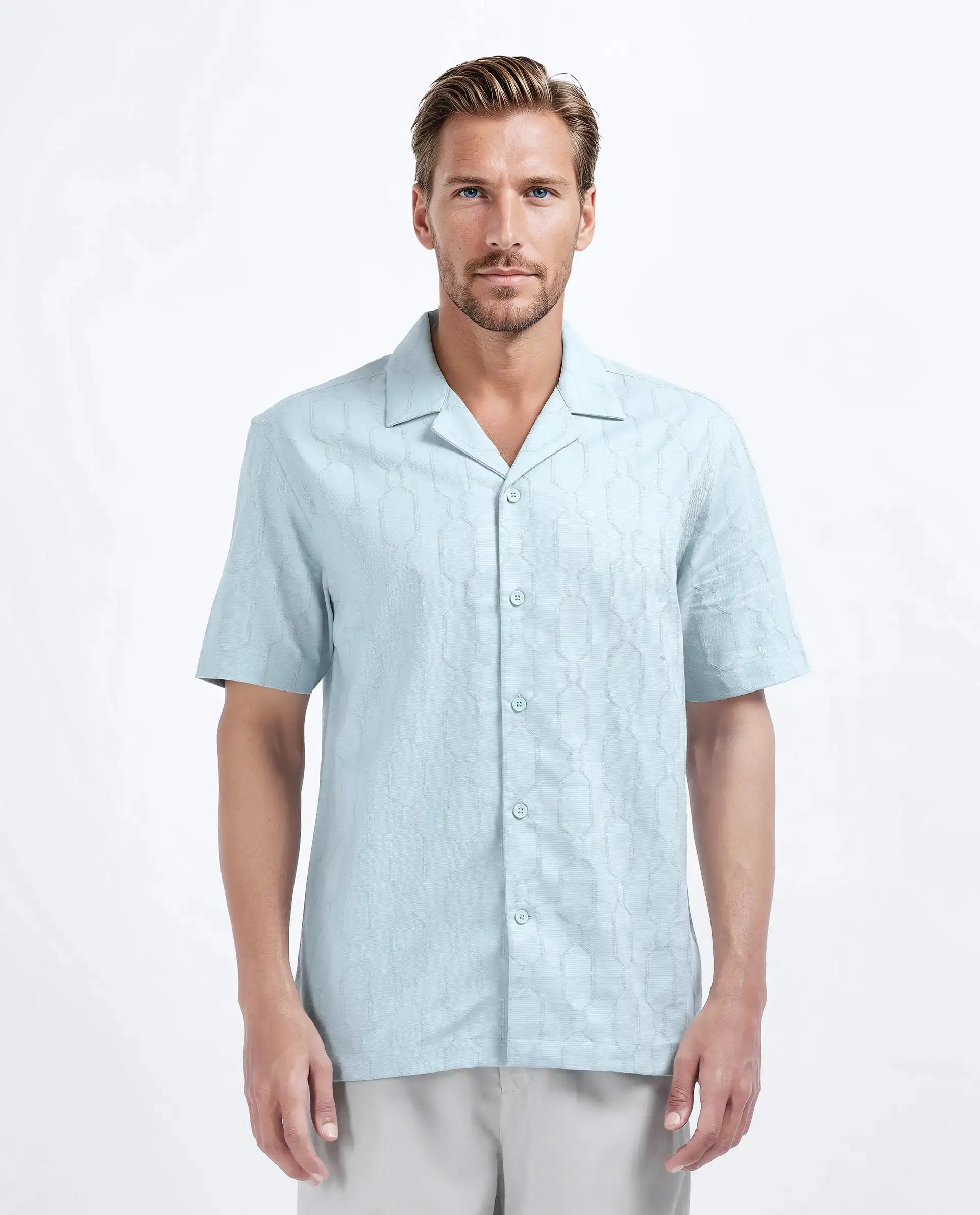 Rare Rabbit Men's Drew Light Blue Cotton Blend Textured Relaxed Fit Half Sleeve Cuban Collar Shirt