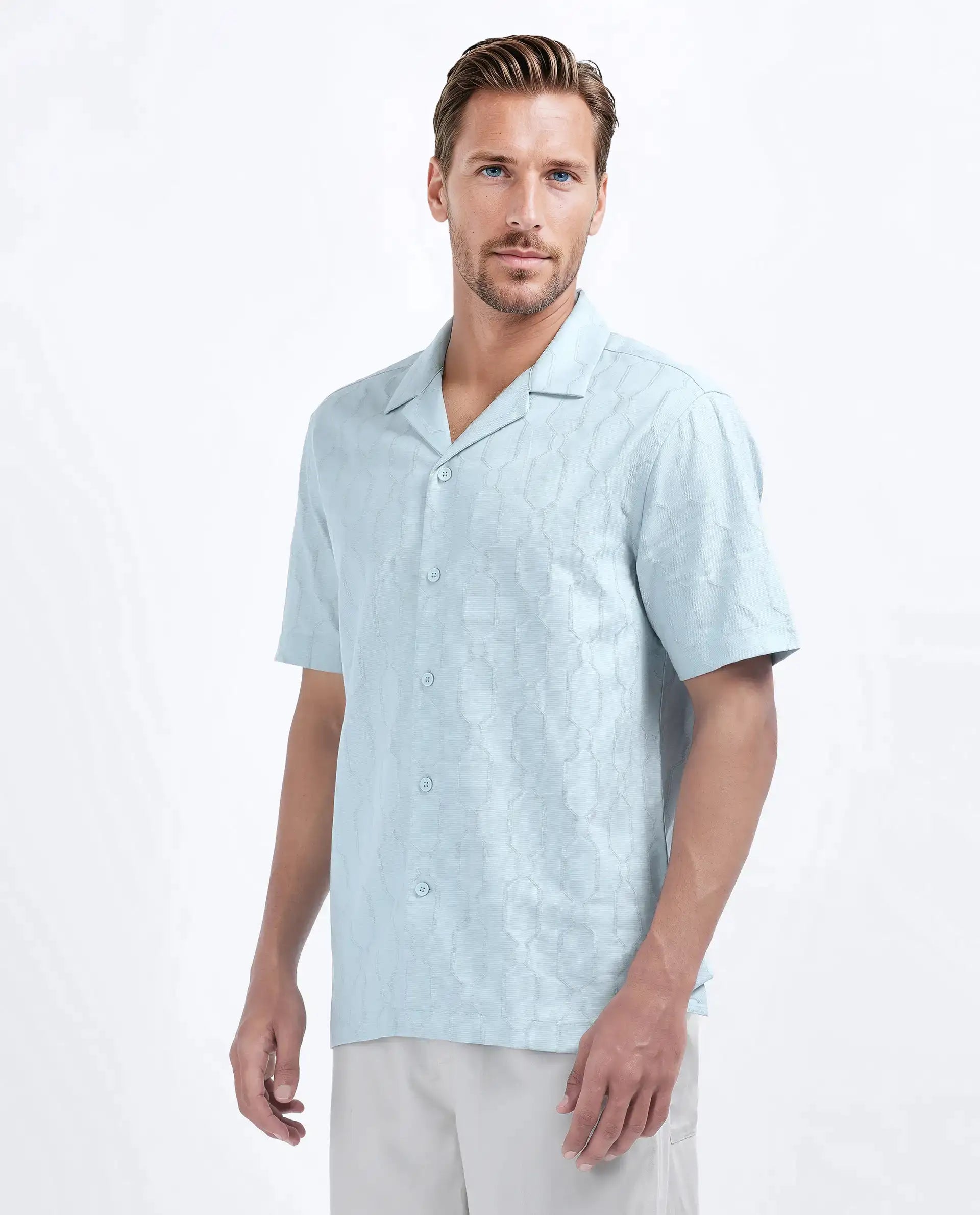 Rare Rabbit Men's Drew Light Blue Cotton Blend Textured Relaxed Fit Half Sleeve Cuban Collar Shirt