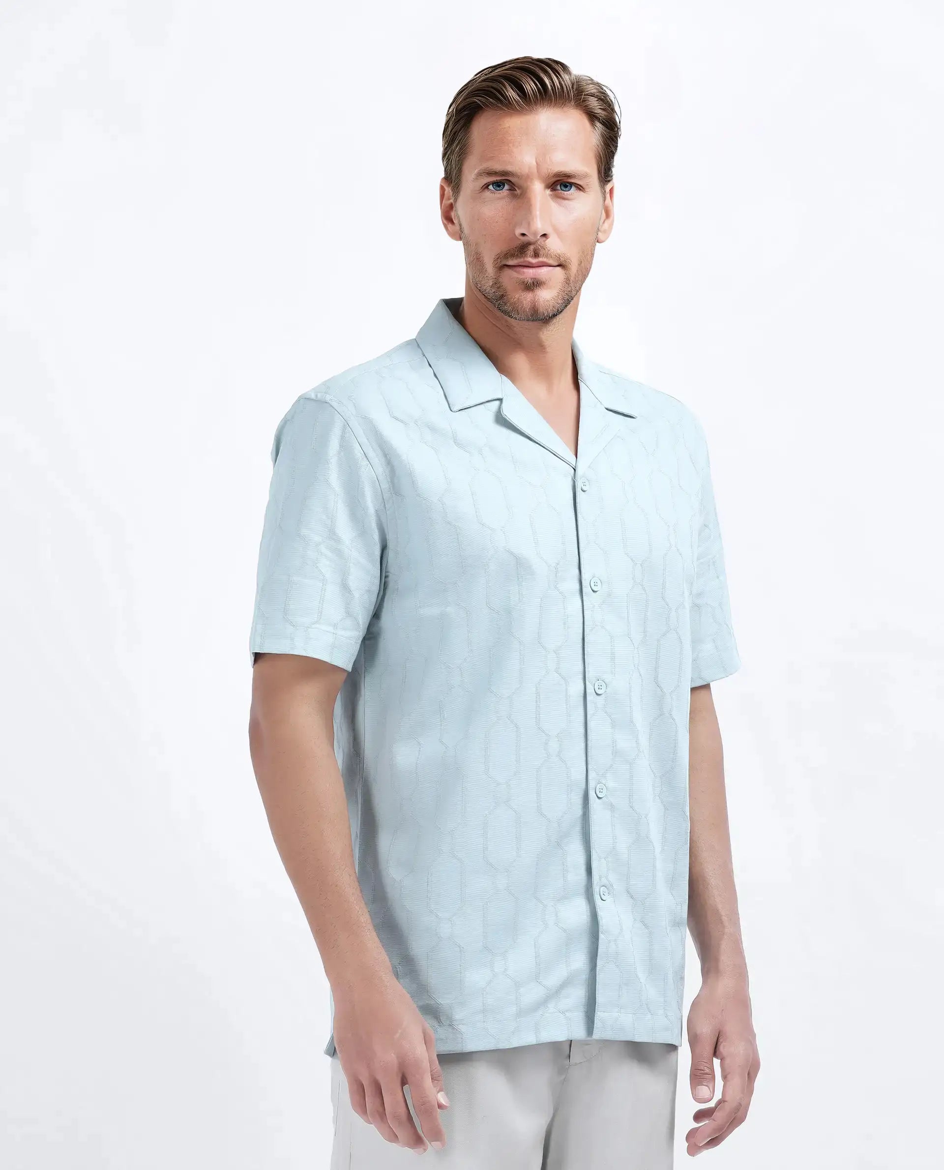 Rare Rabbit Men's Drew Light Blue Cotton Blend Textured Relaxed Fit Half Sleeve Cuban Collar Shirt