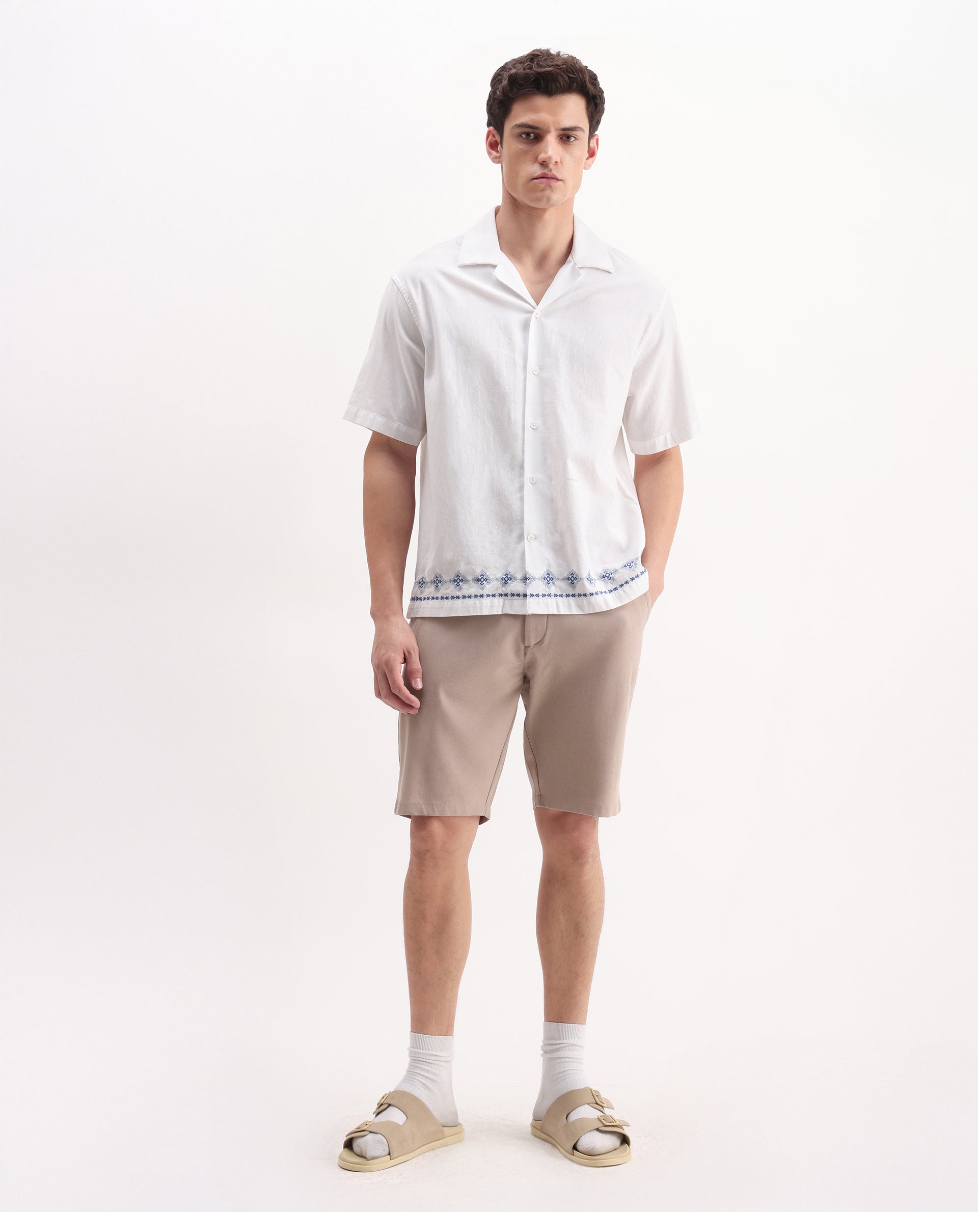 Rare Rabbit Men's Drivo Peach Cotton Blend Plain Regular Fit Shorts