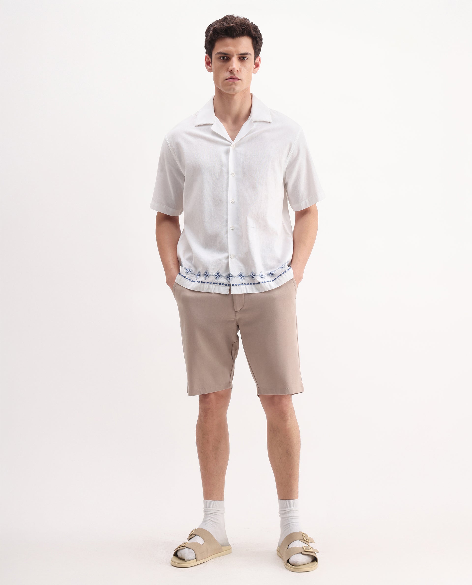 Rare Rabbit Men's Drivo Peach Cotton Blend Plain Regular Fit Shorts