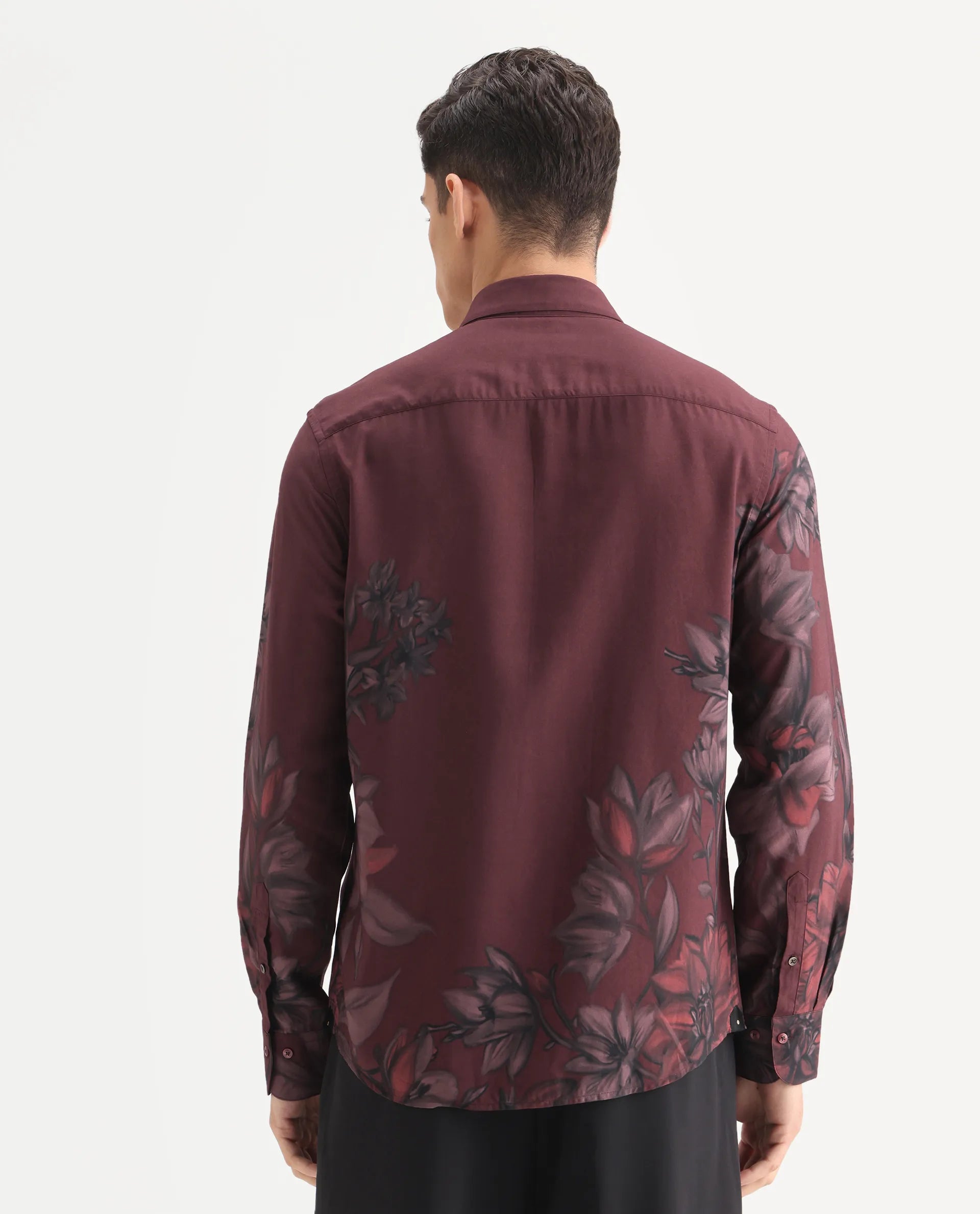 Rare Rabbit Men's Drix Red Viscose Fabric Spread Collar Regular Fit Floral Print Shirt